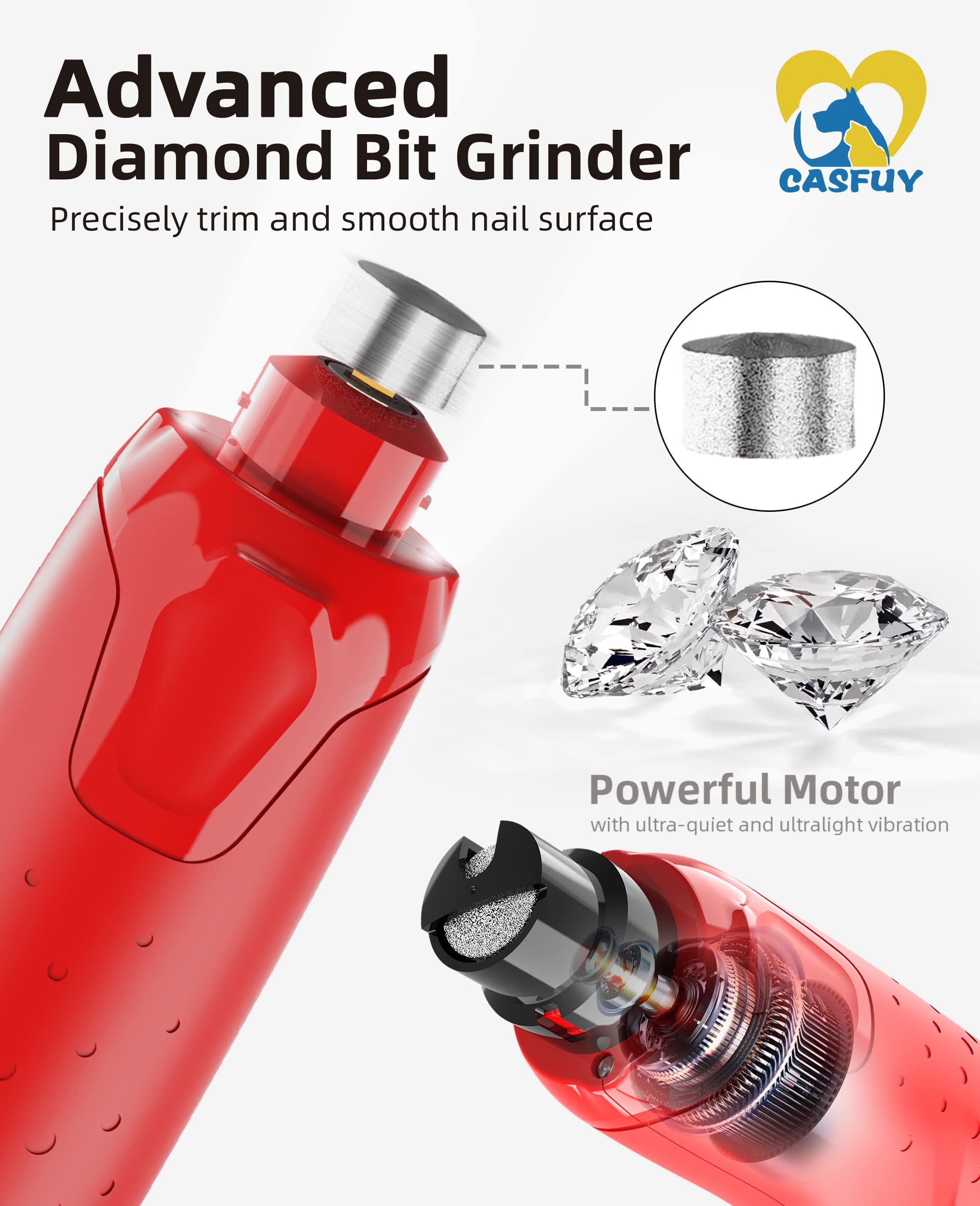 Casfuy Dog Nail Grinder Quiet - (45Db) 6-Speed Pet Nail Grinder With 2 Led Lights For Large Medium Small Dogs/Cats, Professional 3 Ports Rechargeable Electric Dog Nail Trimmer With Dust Cap(Red)