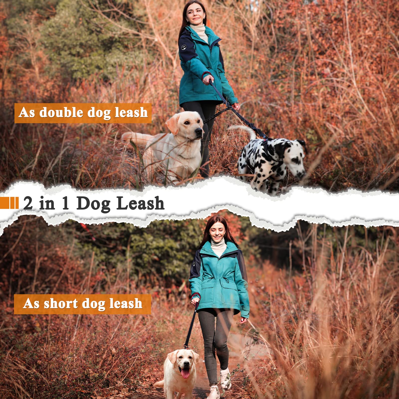 Vivaglory Double Dog Leash, Two Dog Leash No Pull & Tangle Free Bungee Dog Leash, Dual Dog Leash With Traffic Handles Reflective For Medium To Large Dogs For Daily Walking & Training