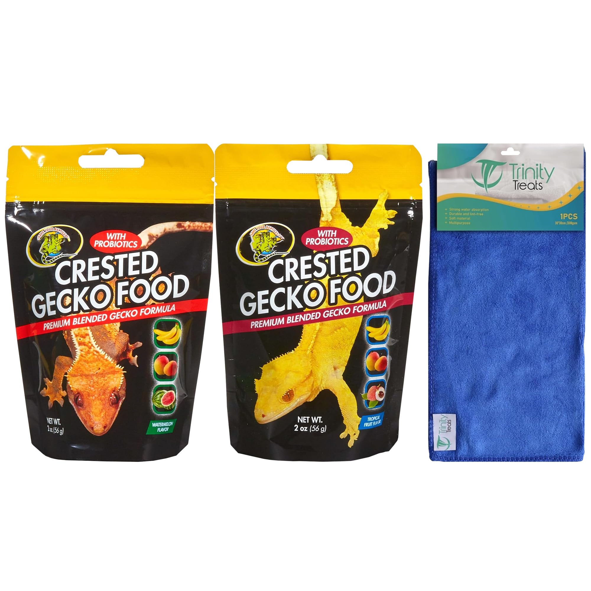 Trinity Treats Watermelon and Tropical Fruit Flavor Crested Gecko Food for Reptiles (2-oz) Including Microfiber Cleaning Cloth (