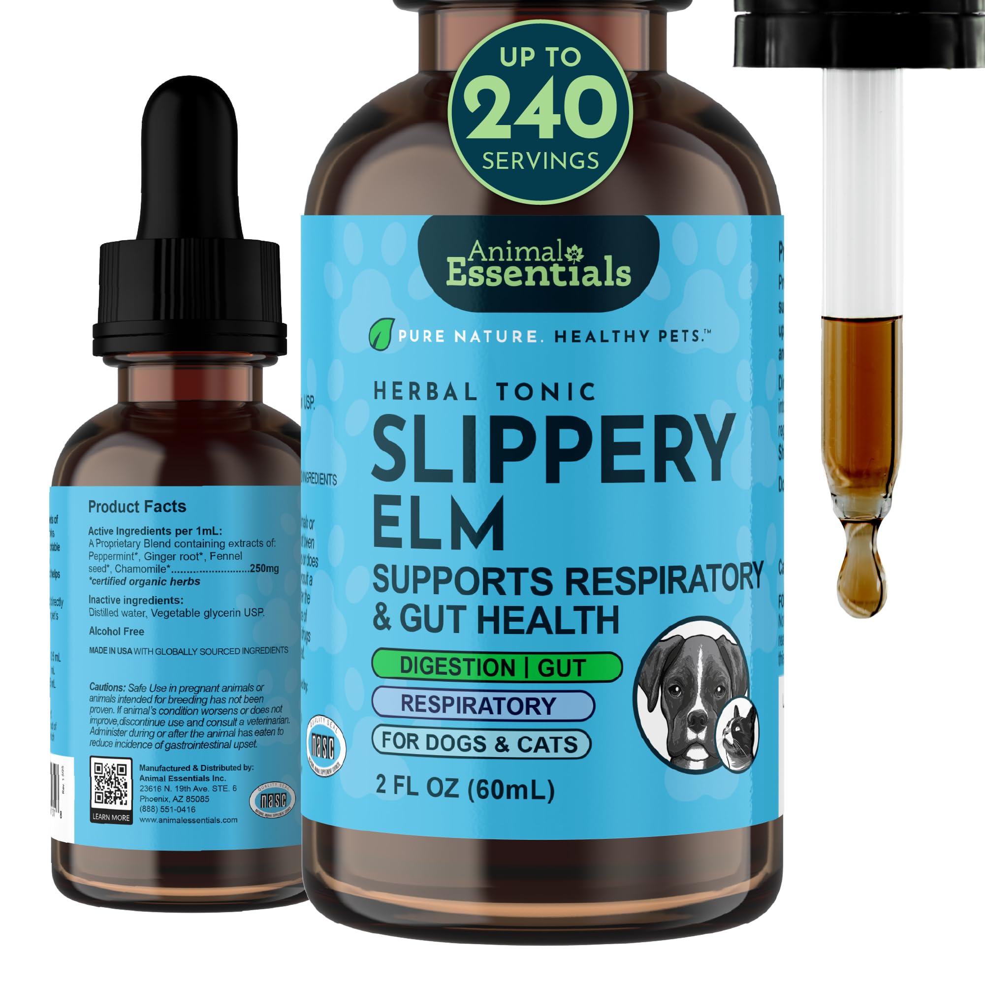 Animal Essentials Slippery Elm - Slippery Elm Bark Anti Diarrhea Drops for Dogs and Cats, Organic Herbal Extract for Healthy Gut