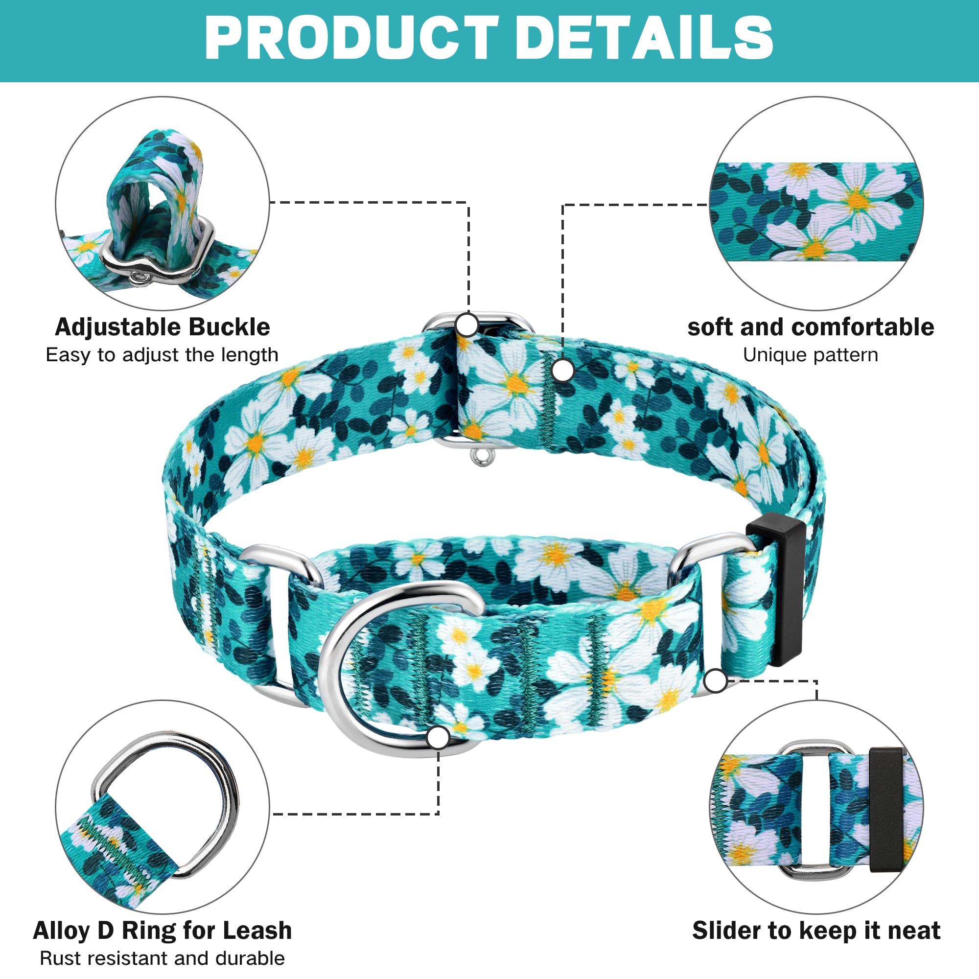 Hikiko Martingale Collar For Dogs With No Buckle Floral Daisy Dog Collar Soft Nylon No Pull Dog Collars For Medium Dogs,Green Fl