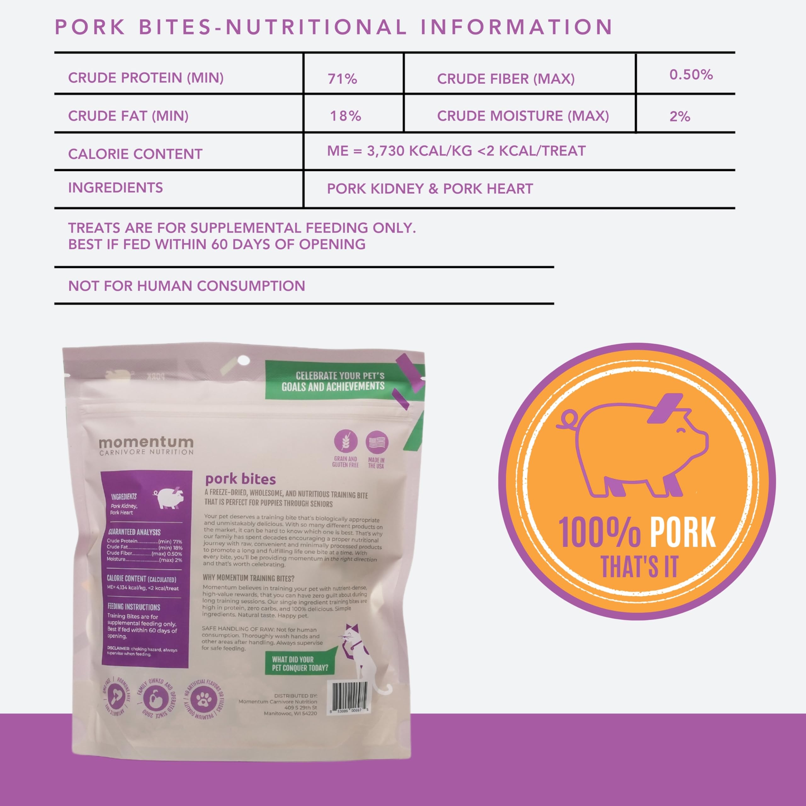 Momentum Carnivore Nutrition Freeze-Dried Pork Training Bites - Two Ingredients-Pork Kidney and Heart, Grain-Free, All-Natural D