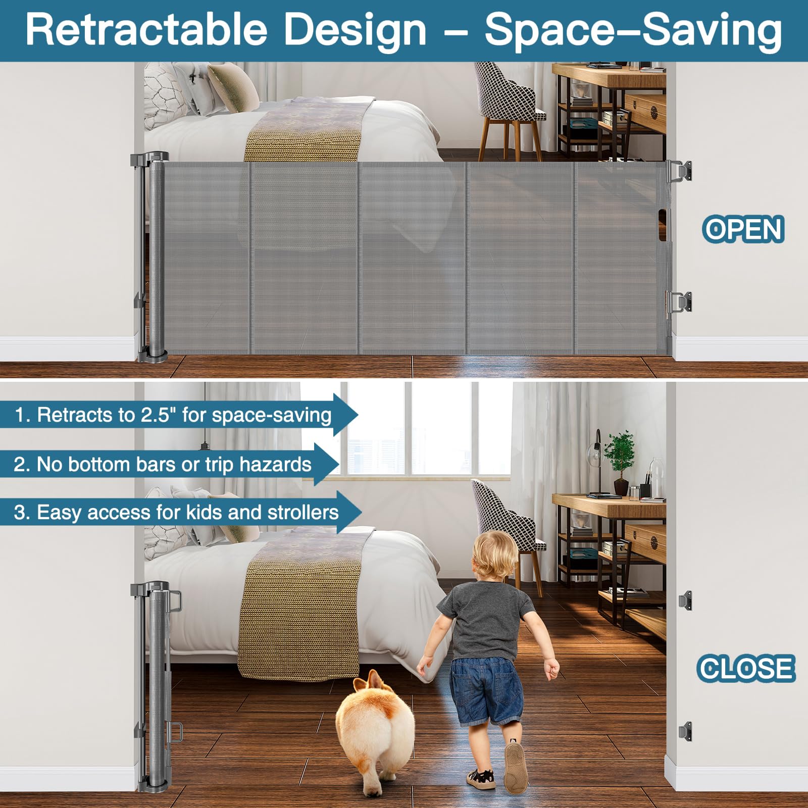 28 Inch Tall Retractable Baby Gates, 80'' Wide Reinforced Retractable Dog Gate with Support Rods, Walk Through Pet Gate, Short D
