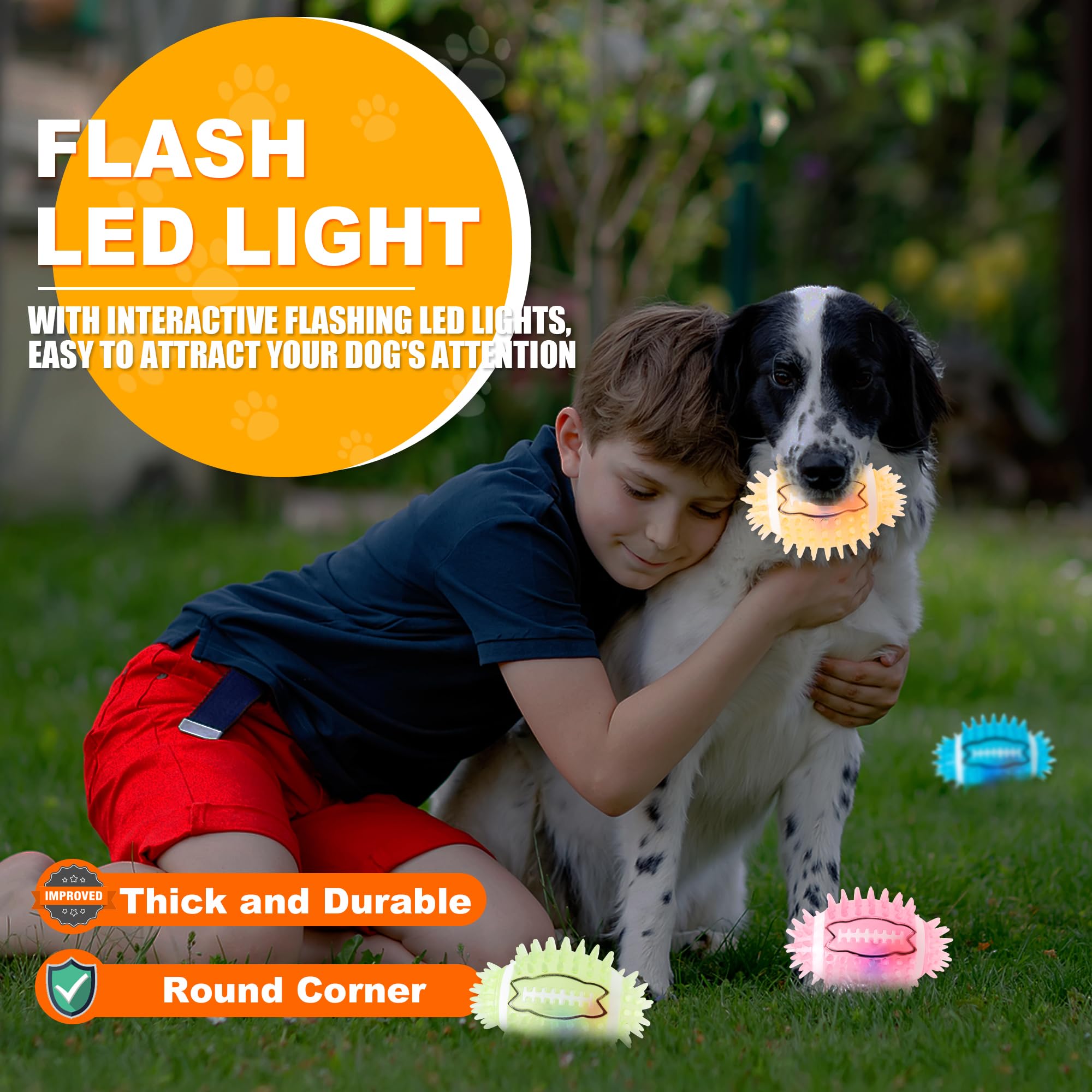 Ghobrofy 4.3    Dog Squeaky Football Toys 4 Pack, Light Up And Durable Spiky Dog Balls For Medium Large Dogs With Rugby Shape, B
