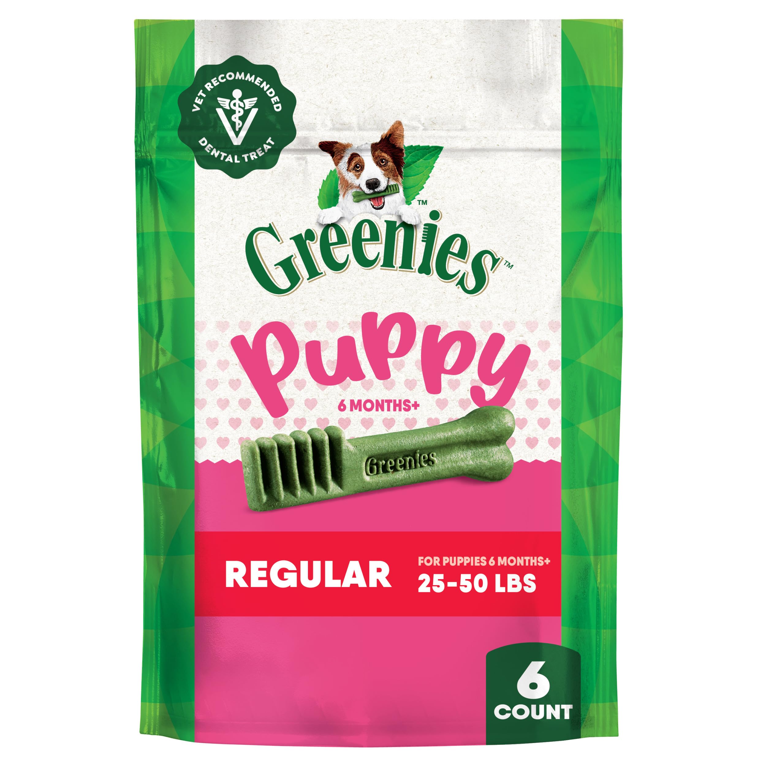 Greenies Puppy Regular Size Natural Dental Dog Treats, 6 oz. Pouch (6 Treats)