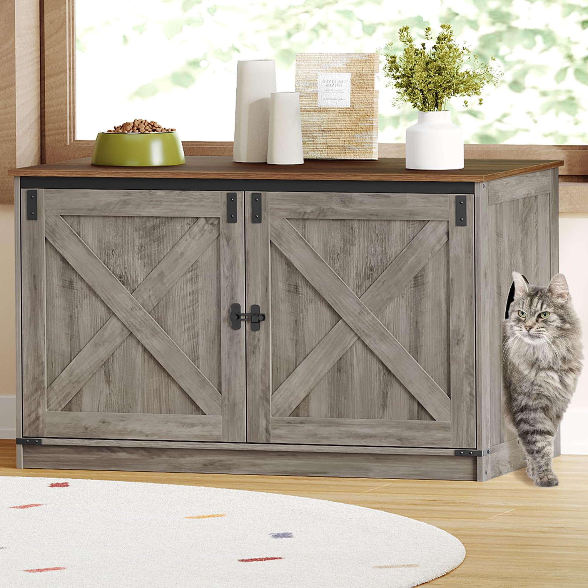 Hzuaneri Cat Litter Box Enclosure with Cushion, Hidden Litter Box Furniture with Removable Dividers, Reversible Entrance Left or