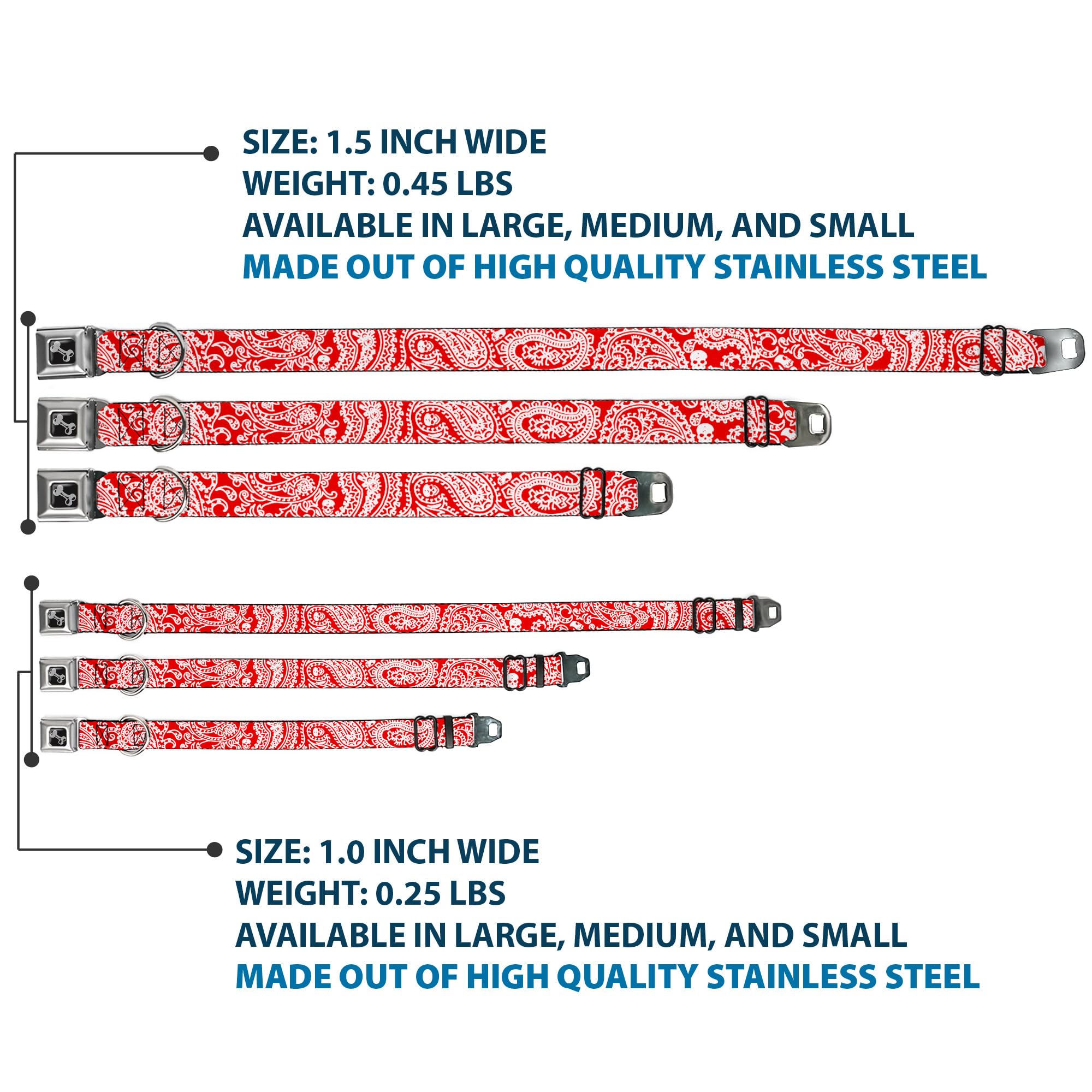 Buckle-Down Seatbelt Buckle Dog Collar - Bandana/Skulls Red/White - 1'' Wide - Fits 9-15'' Neck - Small