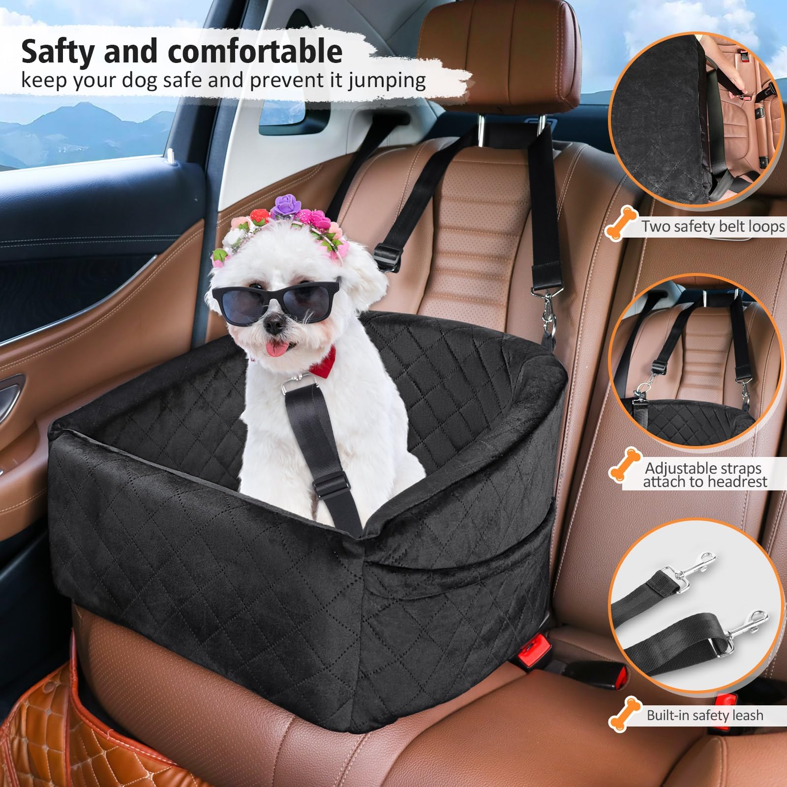 Neezukar Dog Car Seat For Small Medium Dogs,Detachable Washable Dog Booster Seat Under 30Lbs, Pet Car Seat Travel Bed With Storage Pockets And Dog Safety Belt (Black)