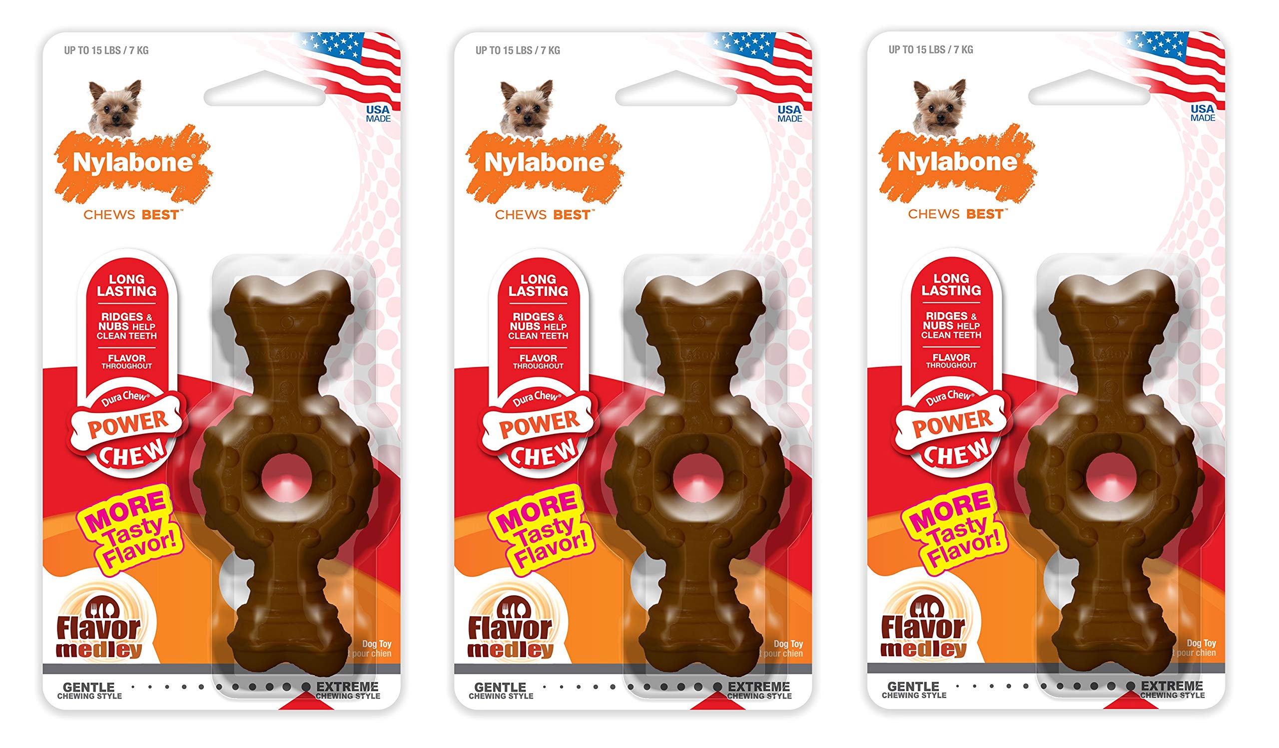 Nylabone 3 Pack Of Power Chew Textured Ring Bones, Petite, Flavor Medley, For Dogs Up To 15 Pounds, Made In The Usa
