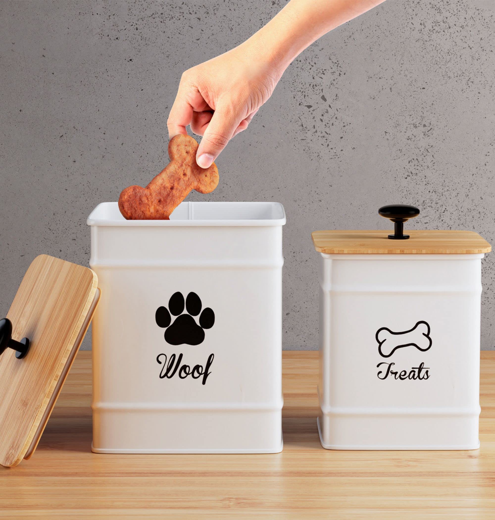Dog Treat Container Airtight Set of 2 - 8x6 & 7x5 inch Iron Dog Treat Jars for Kitchen Counter with Airtight Bamboo Lids - 20 Cu