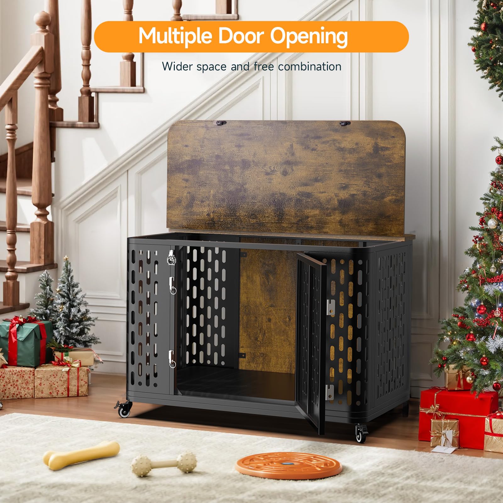 ONBRILL Dog Crate with Cushion, 38  Wood Heavy Duty Dog Crate Furniture with Flip Top & Wheels for High Anxiety Dogs, Escape Pro