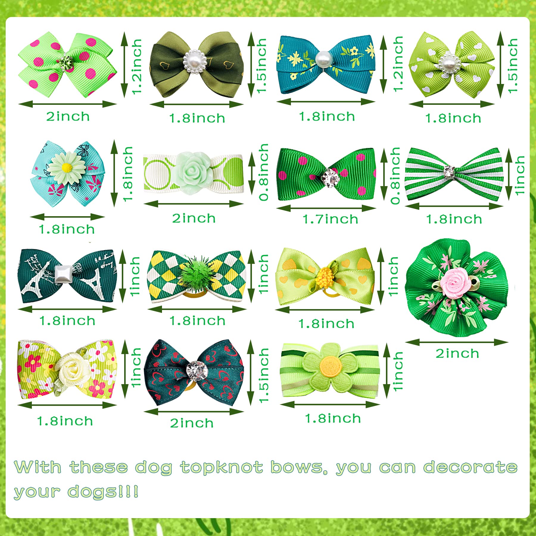 Jpgdn 30Pcs/15Pairs Green Dog Hair Bows With Rubber Bands Puppy Hair Bowknot Top Knot Elastic For Girl Female Doggy Cat Rabbit P