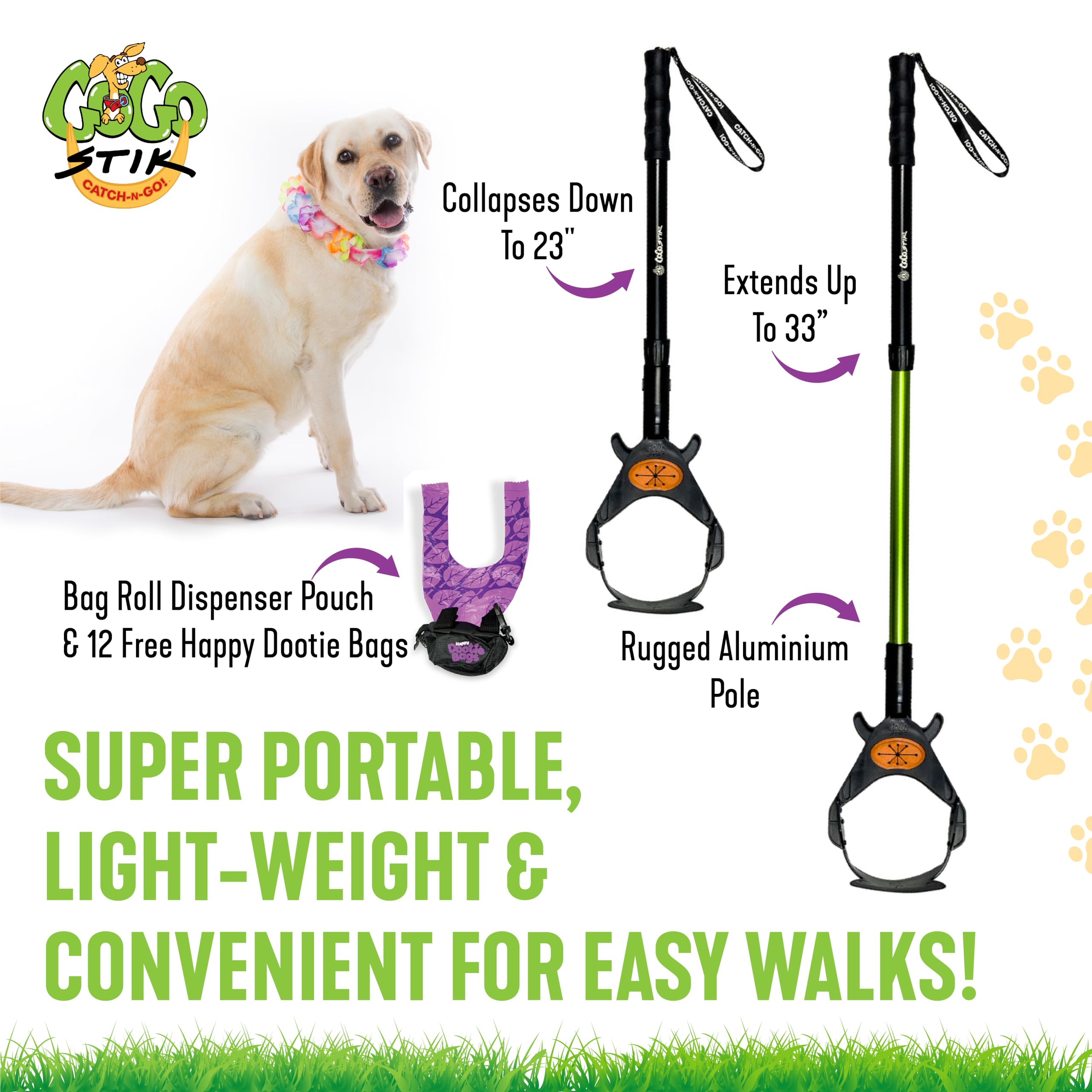 Gogo Stik, Catch-N-Go! Best Poo Catcher Scooper. Catch Poo On Walks. Alum Telescopic Handle, Strap-On Roll Bag Pouch Dispenser &