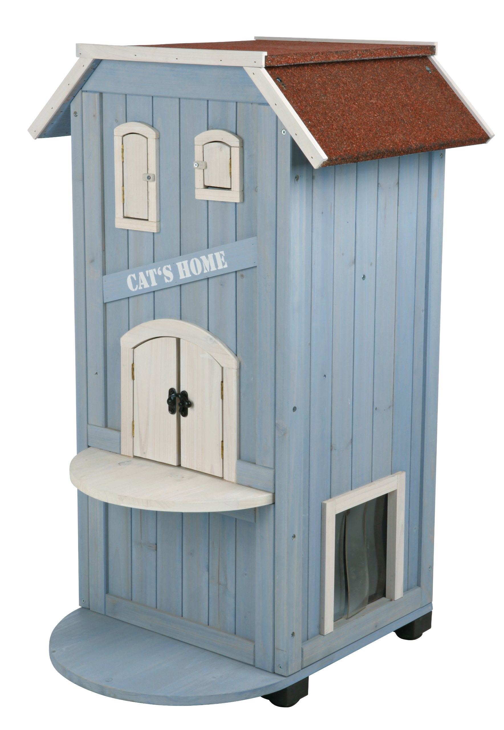 TRIXIE Cats Home Outdoor Cat House, Weatherproof 3-Story Cat House, Hinged Shutters with Latch & Perch, 2 Doors, Outdoor Shel