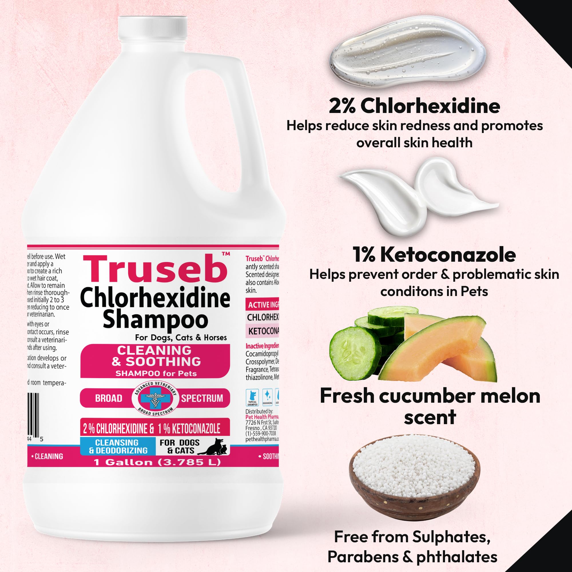 Truseb Topical Ketoconazole And Chlorhexidine Shampoo For Dogs, Cats & Horses Pleasantly Scented With A Cucumber Melon Scent Wit