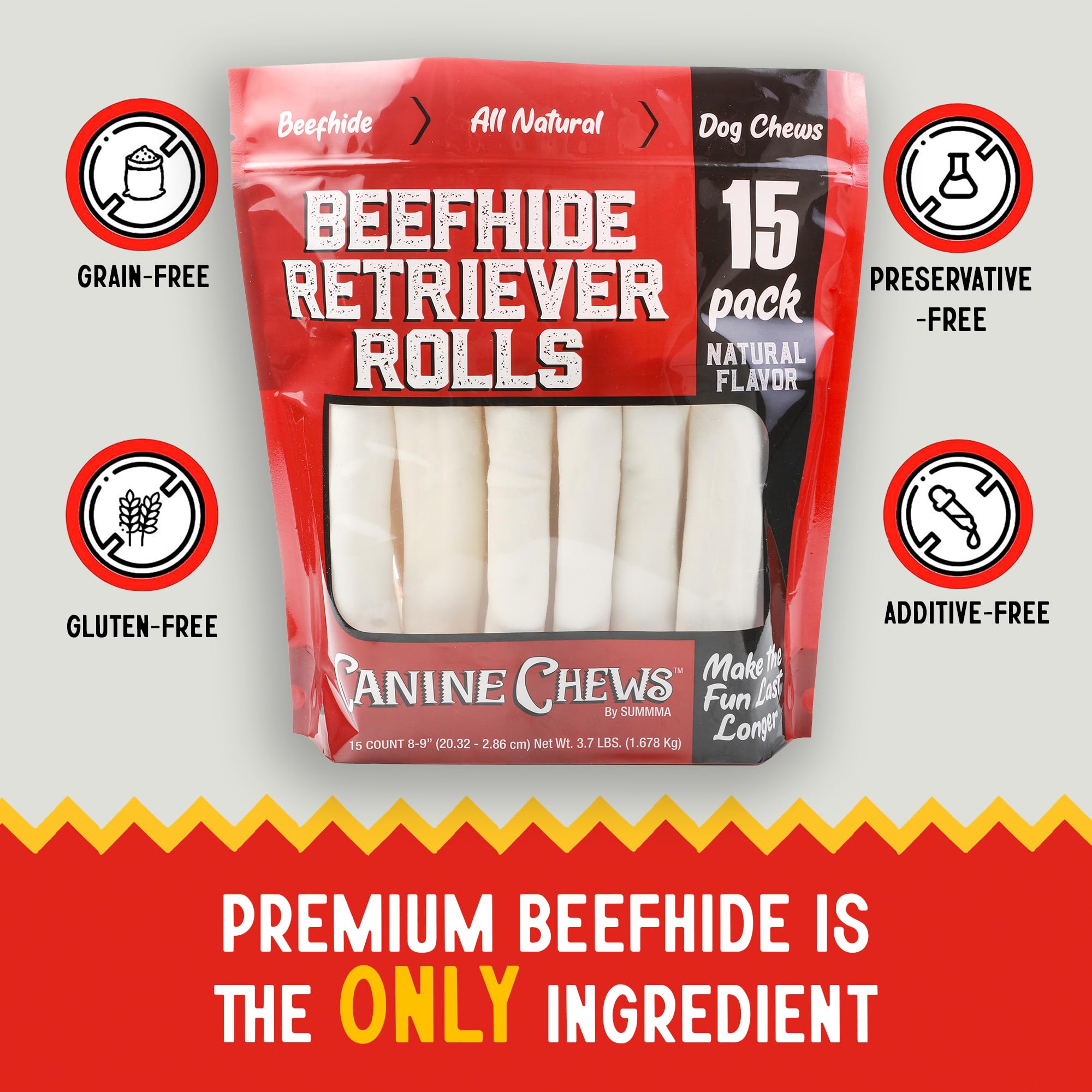 Canine Chews 8-9 Retriever Rolls for Large Dogs - Pack of 15 All-Natural Beef Hide Dog Chews for Aggressive Chewers - 3.7 lb.