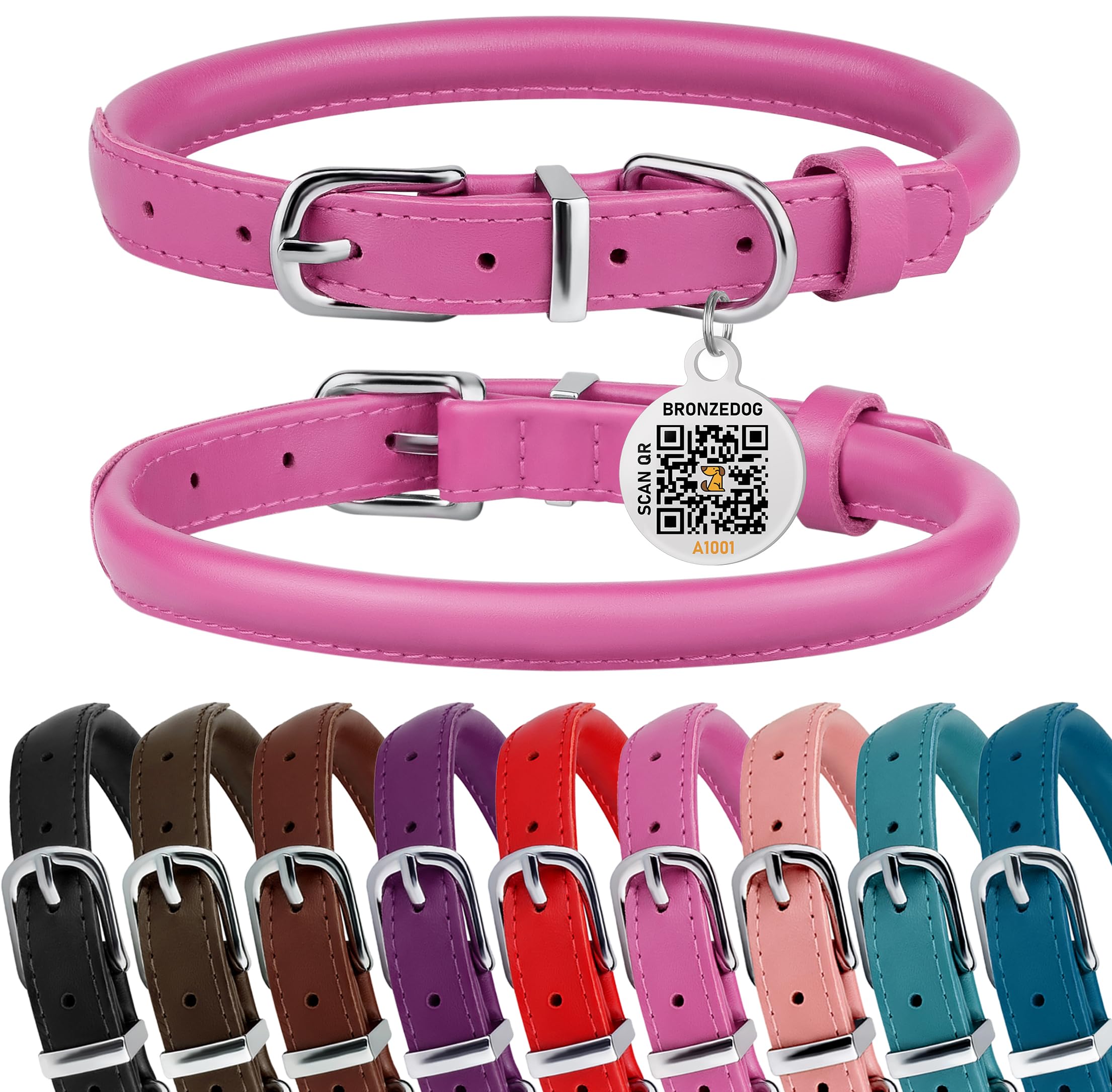 Bronzedog Rolled Leather Dog Collar For Small Medium Large Dogs With Qr Id Tag (L: 16-18 Inch, Hot Pink)
