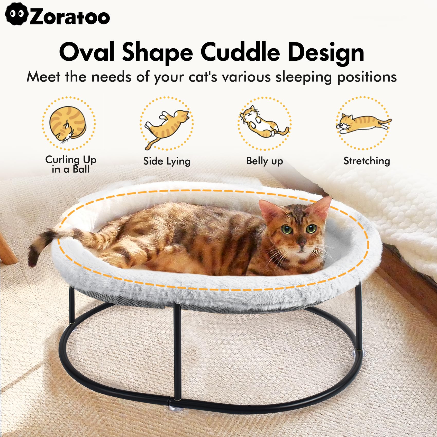 Zoratoo Elevated Cat Hammock Bed for Indoor Cats, Fluffy Warm Cuddle Cat Bed with Detachable Pad Bed Cover, Portable Pet Bed Rai