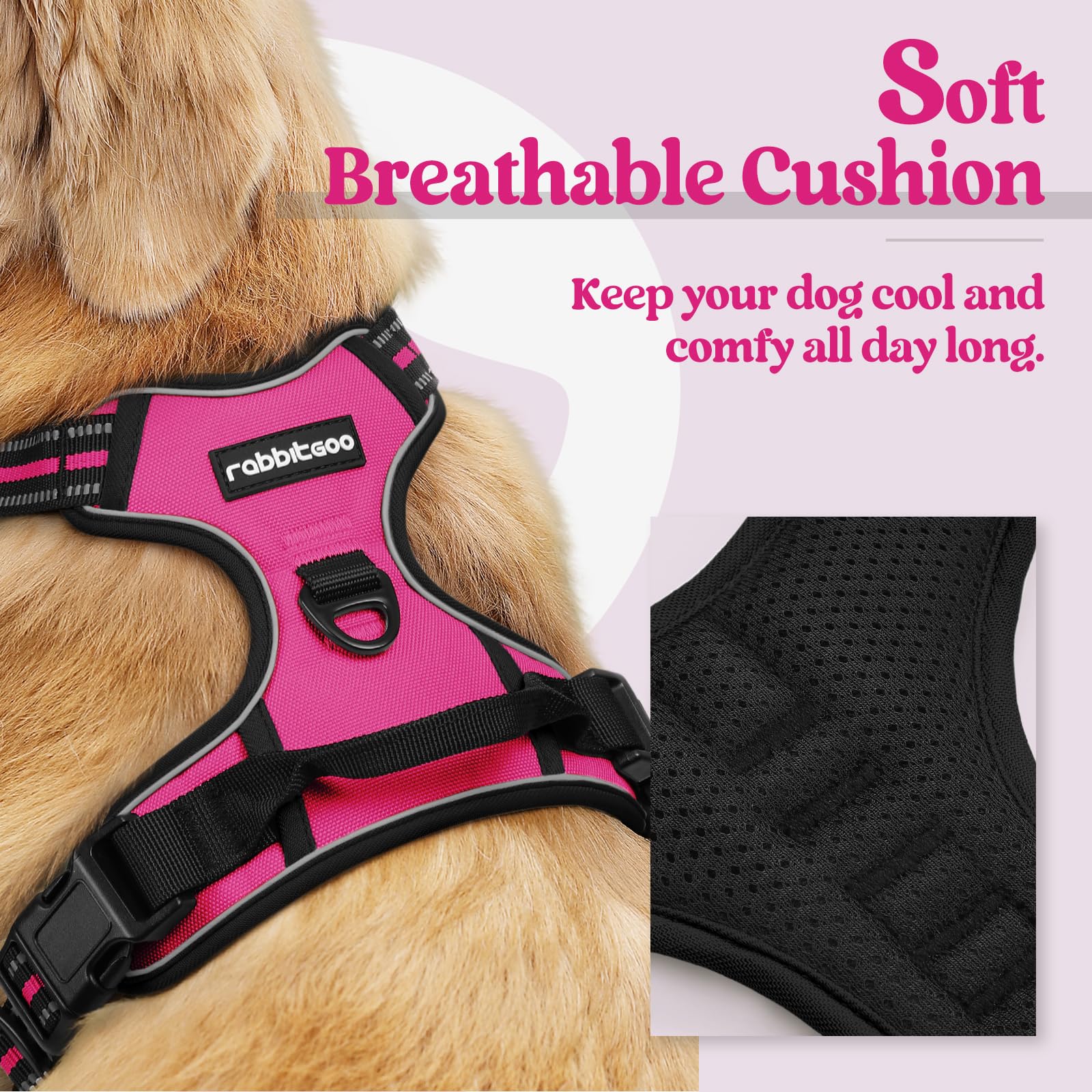 Rabbitgoo Dog Harness, No-Pull Pet Harness With 2 Leash Clips, Adjustable Soft Padded Dog Vest, Reflective No-Choke Pet Oxford Vest With Easy Control Handle For Large Dogs, Hot Pink, L