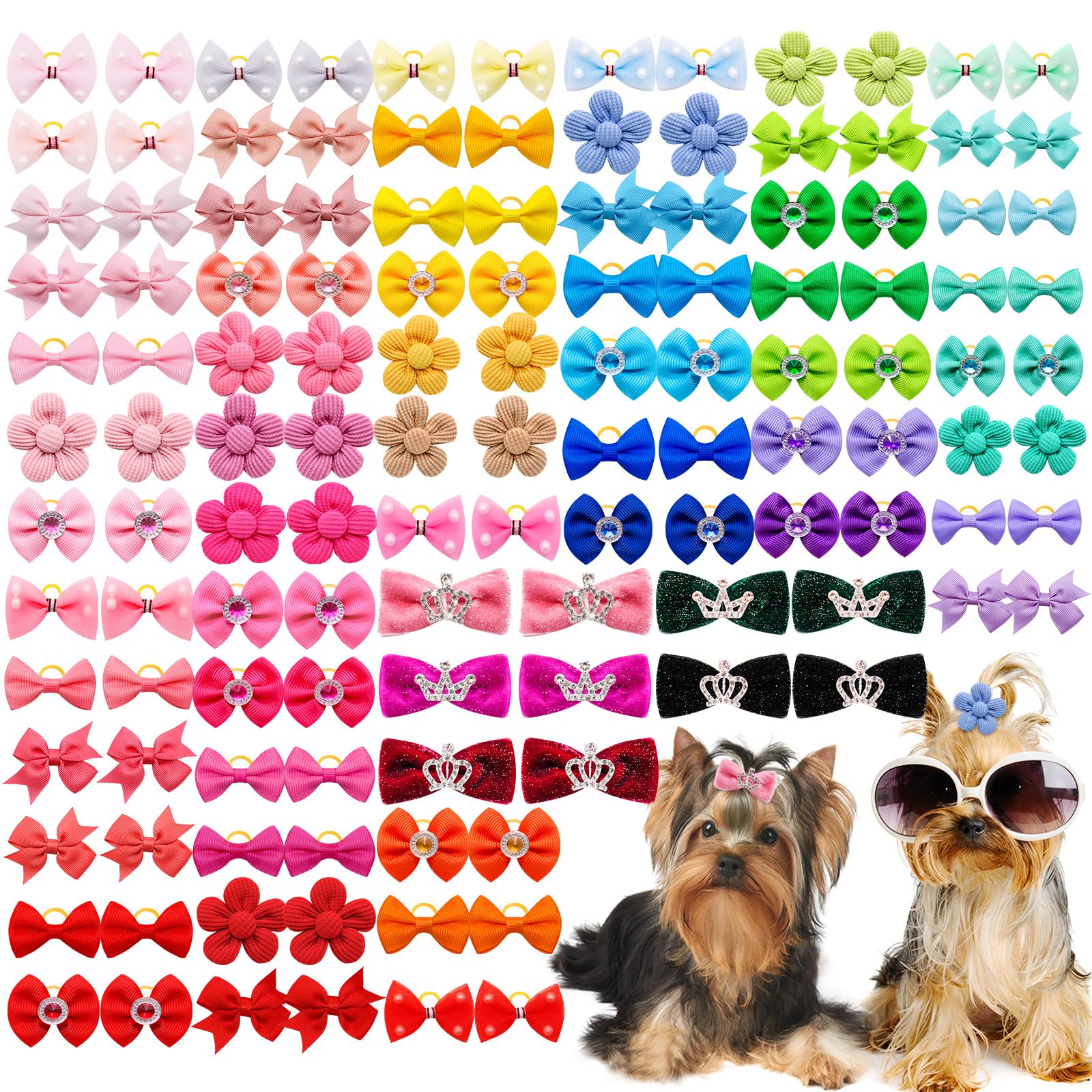Senniea 100Pcs Crown Dog Hair Bows,Mix Small Medium Dog Hair Grooming Bows,Puppy Cute Solid Hair Bows With Rubber Bands For Dail