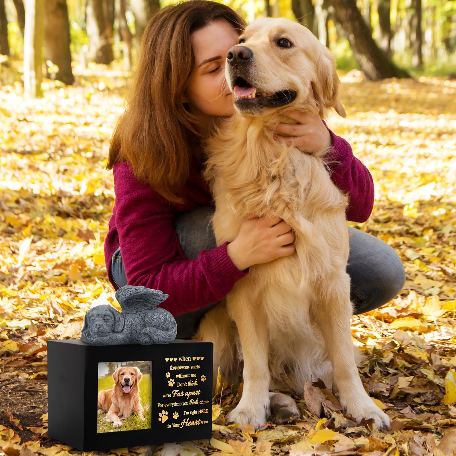 Lpreutwn Pet Urns For Ashes, Large Wooden Pet Urns For Dog Or Cat Ashes With Dog Angel, Memorial Keepsake Memory Box With Photo