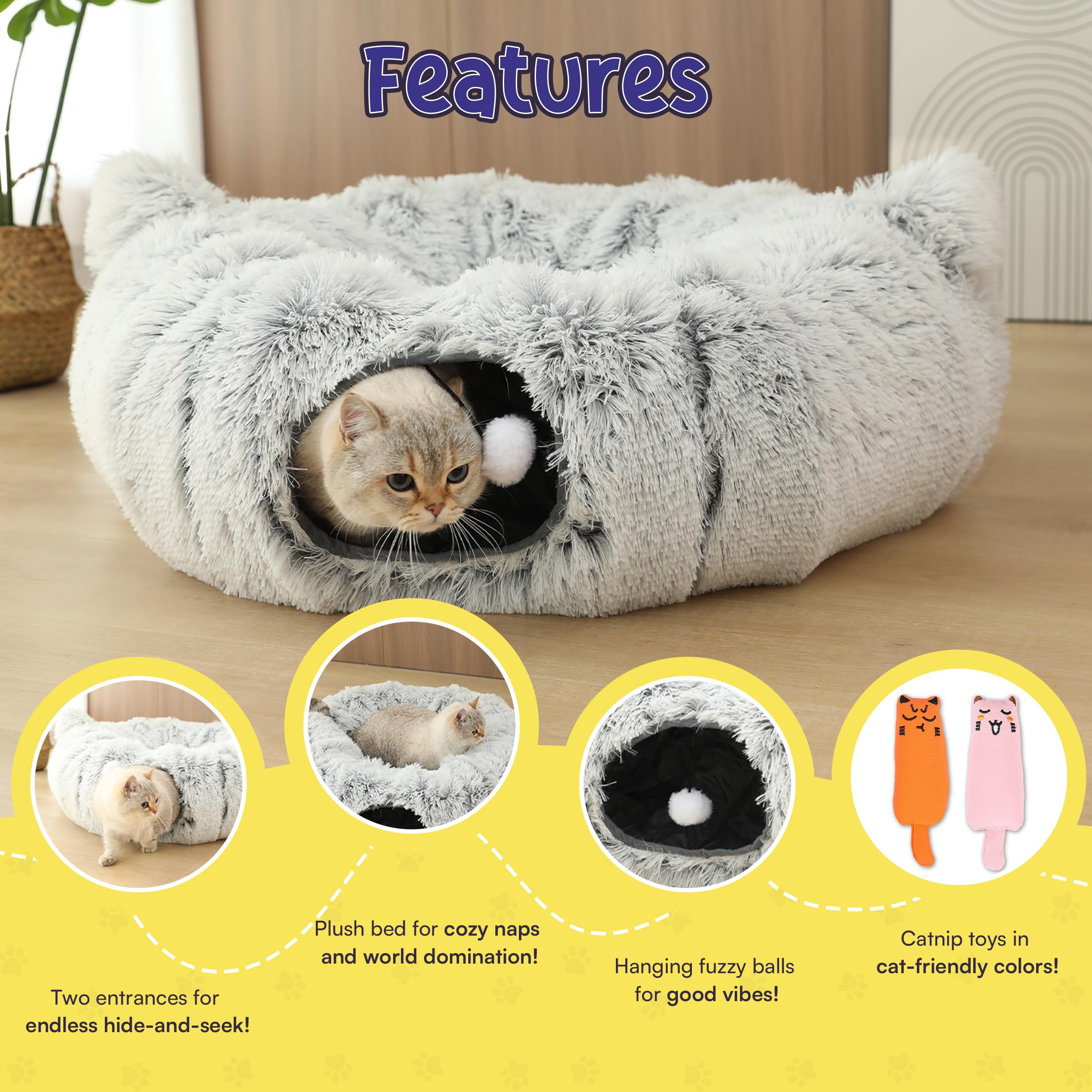 Cat Tunnel Bed With 2 Catnip Toys - 32'' Diameter - Versatile Cat Donut Tunnels For Indoor Cats - Cozy Cat Furniture - Foldable