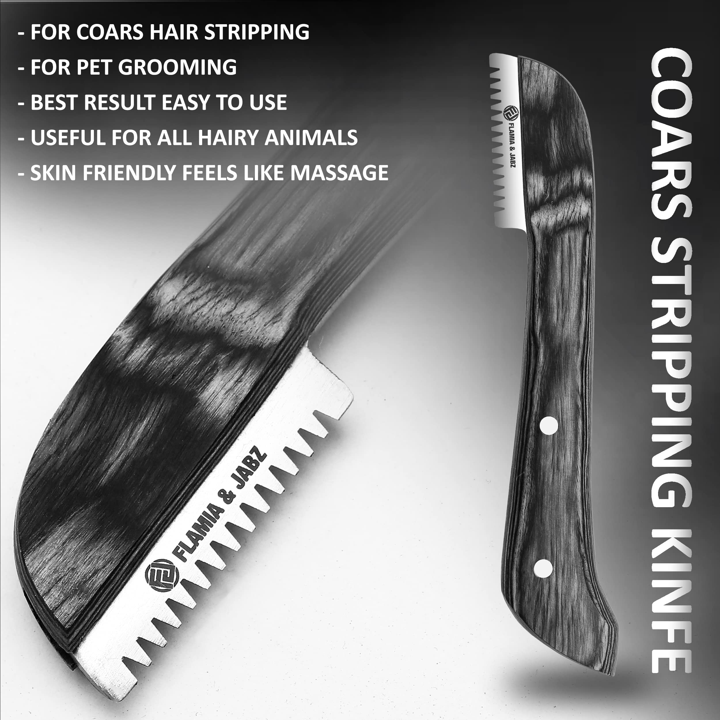 Flamia & Jabz Fj Professional Stripping Knife Kit (6 Pieces Set) For Dogs & Pets, Wooden Handle Grip With Stainless Steel Blade (Right Handed) (Black)