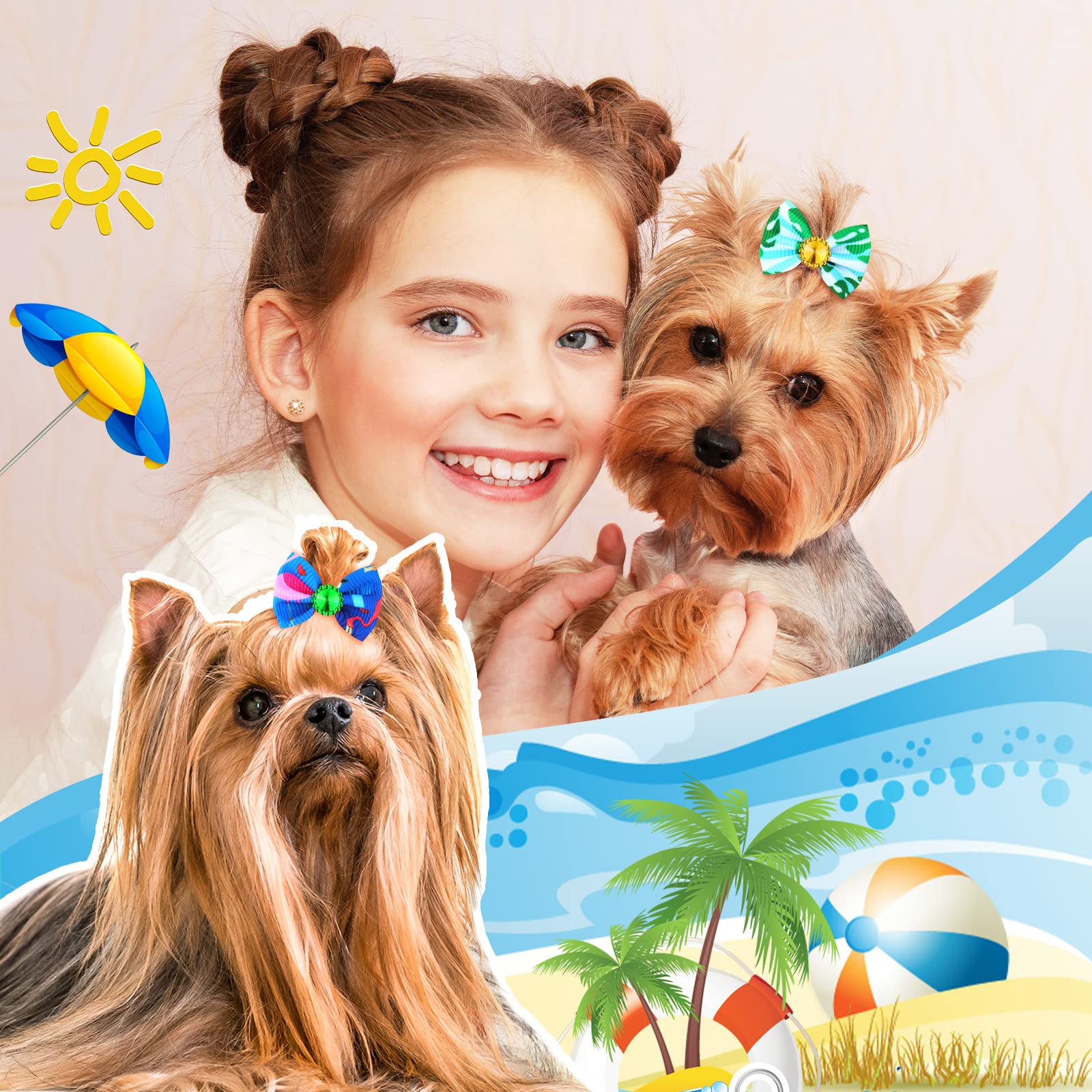 Sadnyy 240 Pcs Summer Spring Dog Hair Bows With Rubber Bands Rhinestone Grooming Dog Puppy Bows For Girls Boys Dogs Cute Ear Bow