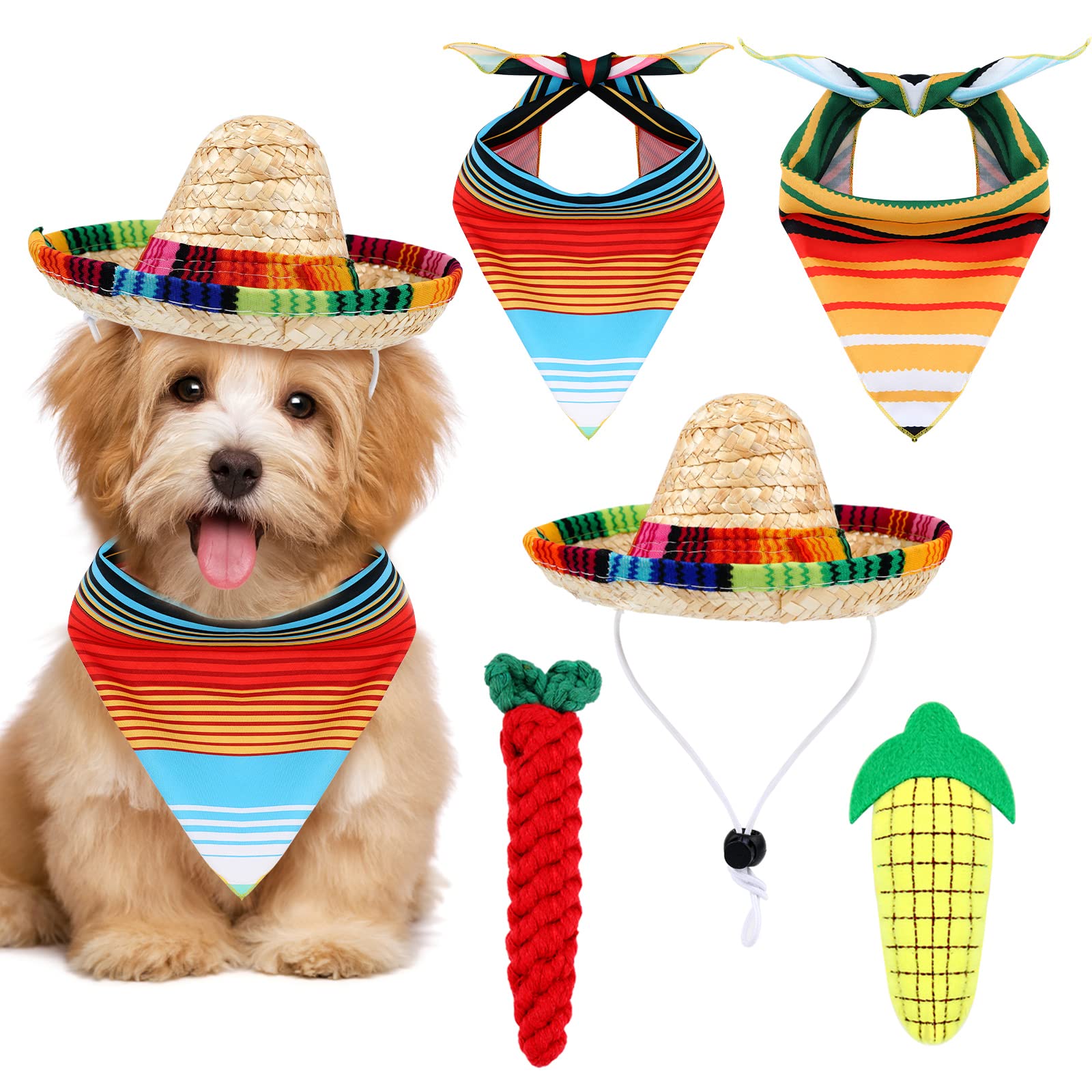 Mexican Dog Costume Accessories Cinco De Mayo Fiesta Dog Bandana Mexican Pet Scarf With Dog Straw Hat Pepper Shape Dog Teething 