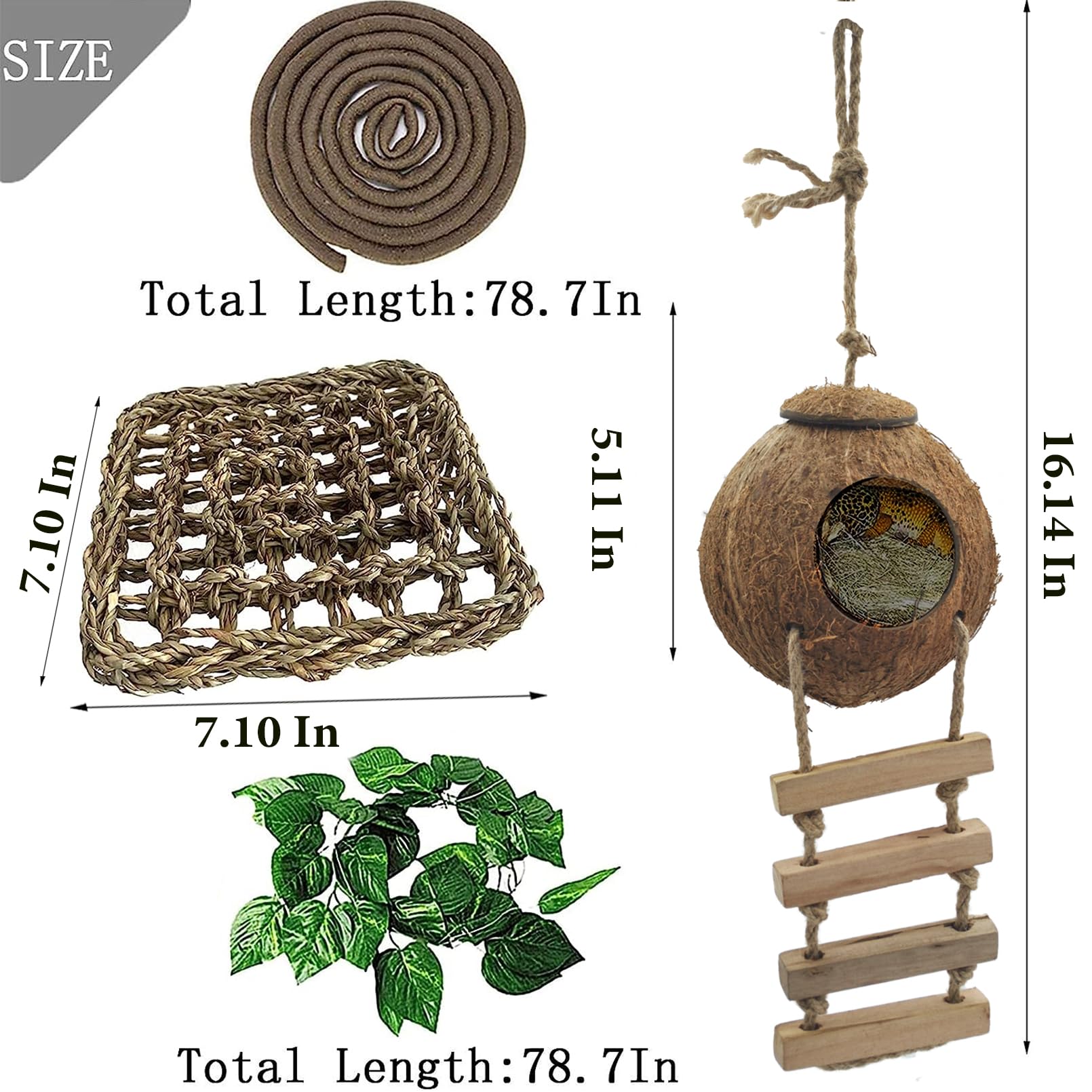 Muyg 5Pcs Coconut Hut For Gecko, Lizard Coco Den With Ladder And Reptile Hammock Bearded Dragon Tank Accessories Climbing Hangin