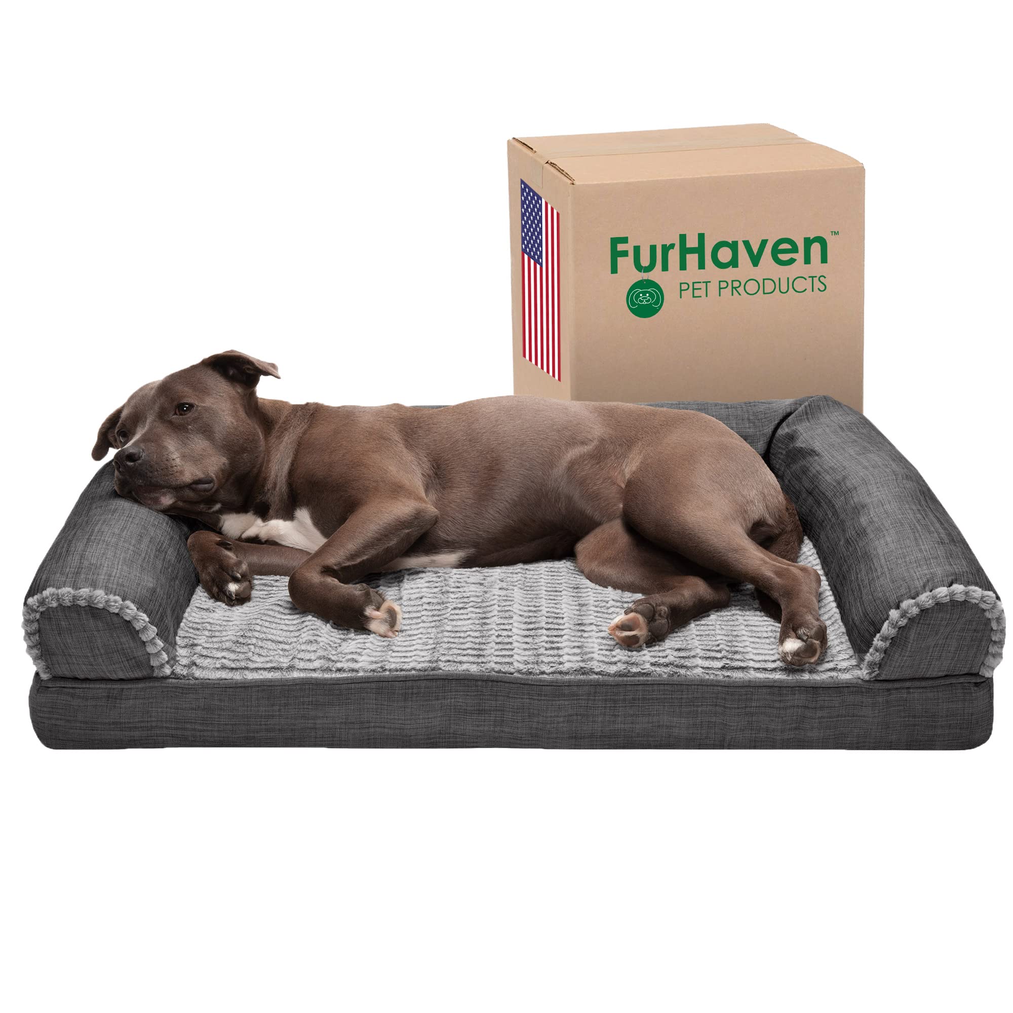 Furhaven Orthopedic Dog Bed For Large/Medium Dogs W/ Removable Bolsters & Washable Cover, For Dogs Up To 55 Lbs - Luxe Faux Fur & Performance Linen Sofa - Charcoal, Large