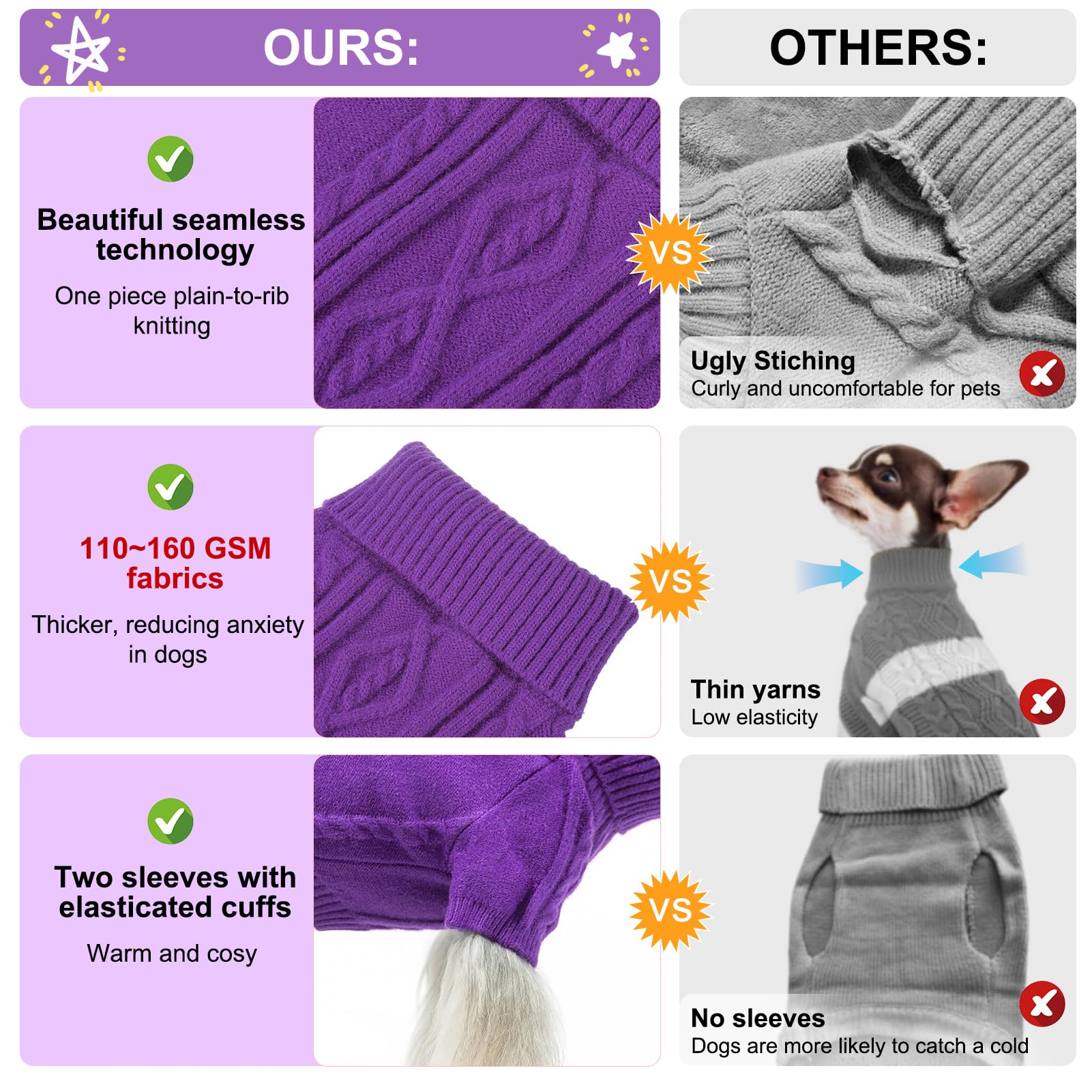 Beautyzoo Dog Sweaters - Warm Christmas Sweater, Thick Turtleneck Pullover For Small Dogs, Puppy, Chihuahua, Yorkie - Purple Sm
