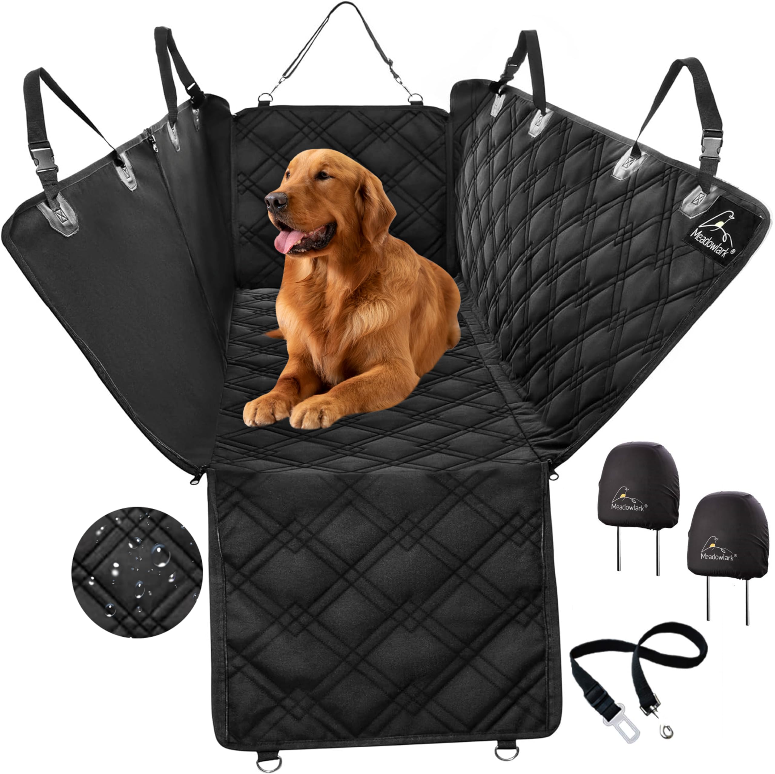 Meadowlark Xl Dog Seat Covers Unique Design & Full Car Protection-Doors,Headrests & Backseat. Extra Durable Zippered Side Flap, 