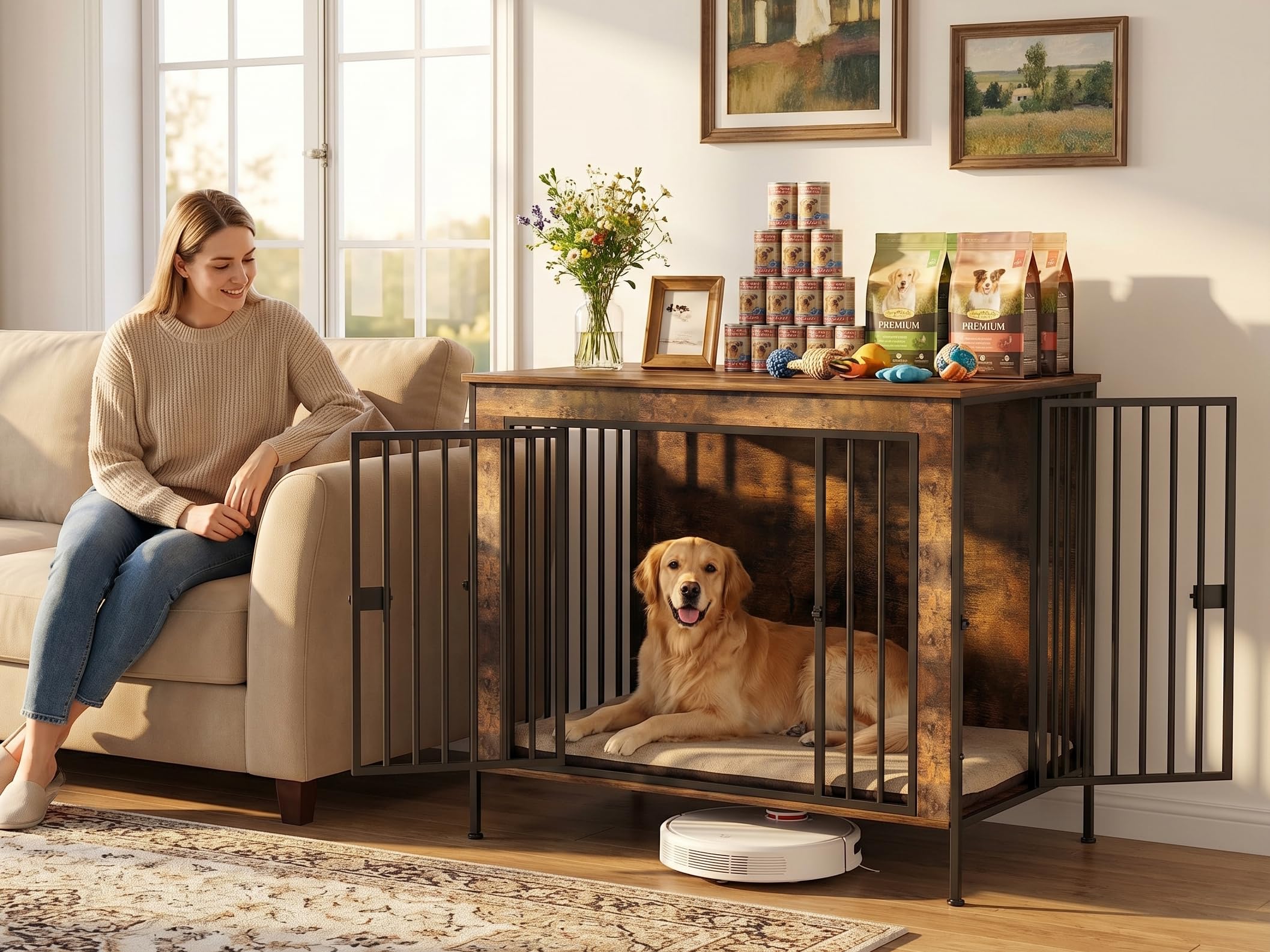 TimberAura Dog Crate Furniture 40 Sturdy Heavy Duty Dog Kennel Solid Metal Tube Thick Wooden with 2 Lockable Doors Single Dog Ca