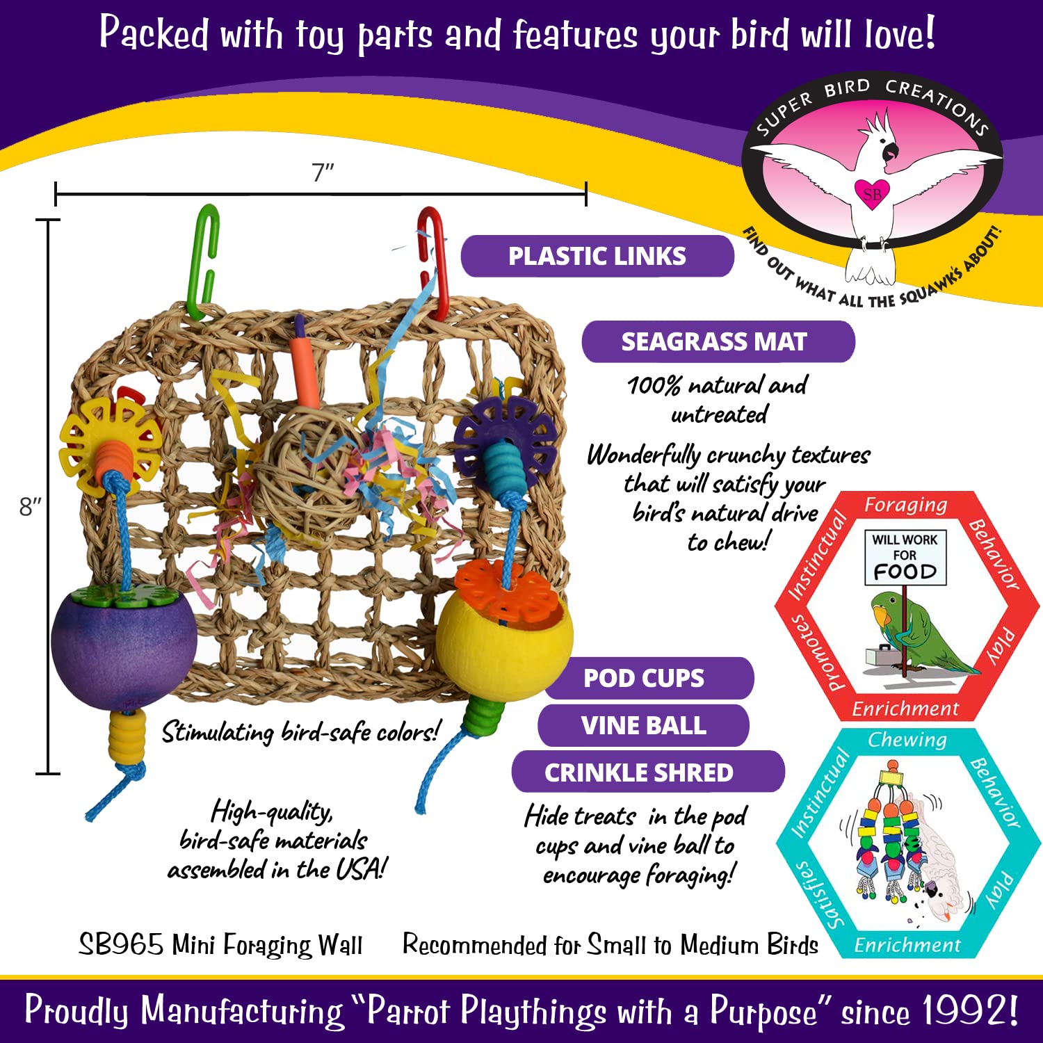 Super Bird Creations Sb965 Mini Seagrass Foraging Mat - Ideal Mental Stimulation, Satisfies Chewing, Relieves Boredom For Small