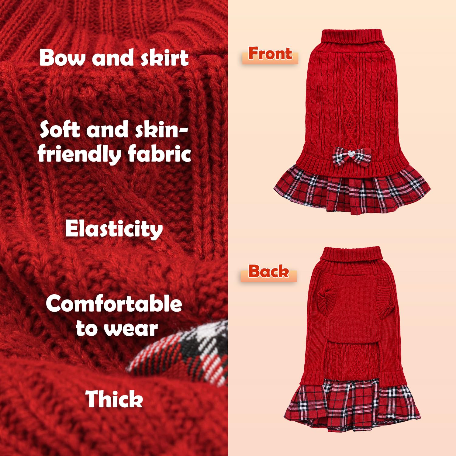 YUDODO Dog Sweater Dress for Small Dogs with Bowtie Turtleneck Knitted Dog Dress Pet Dog Winter Clothes Warm Sweater for Yorkies