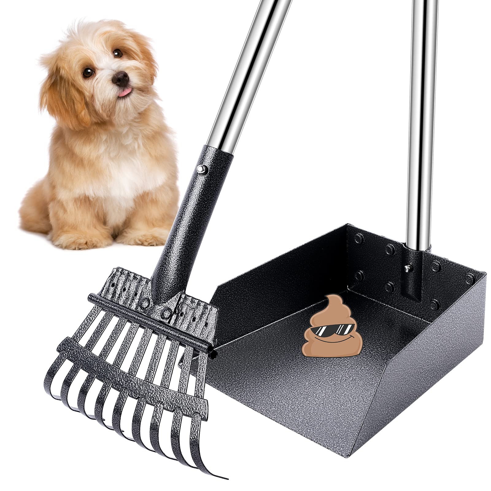 TNELTUEB Dog Pooper Scooper Set - 3 Pcs Adjustable 49.1 Long Metal Tray, Rake & Spade for Waste Removal - No Bending Cleanup, Black
