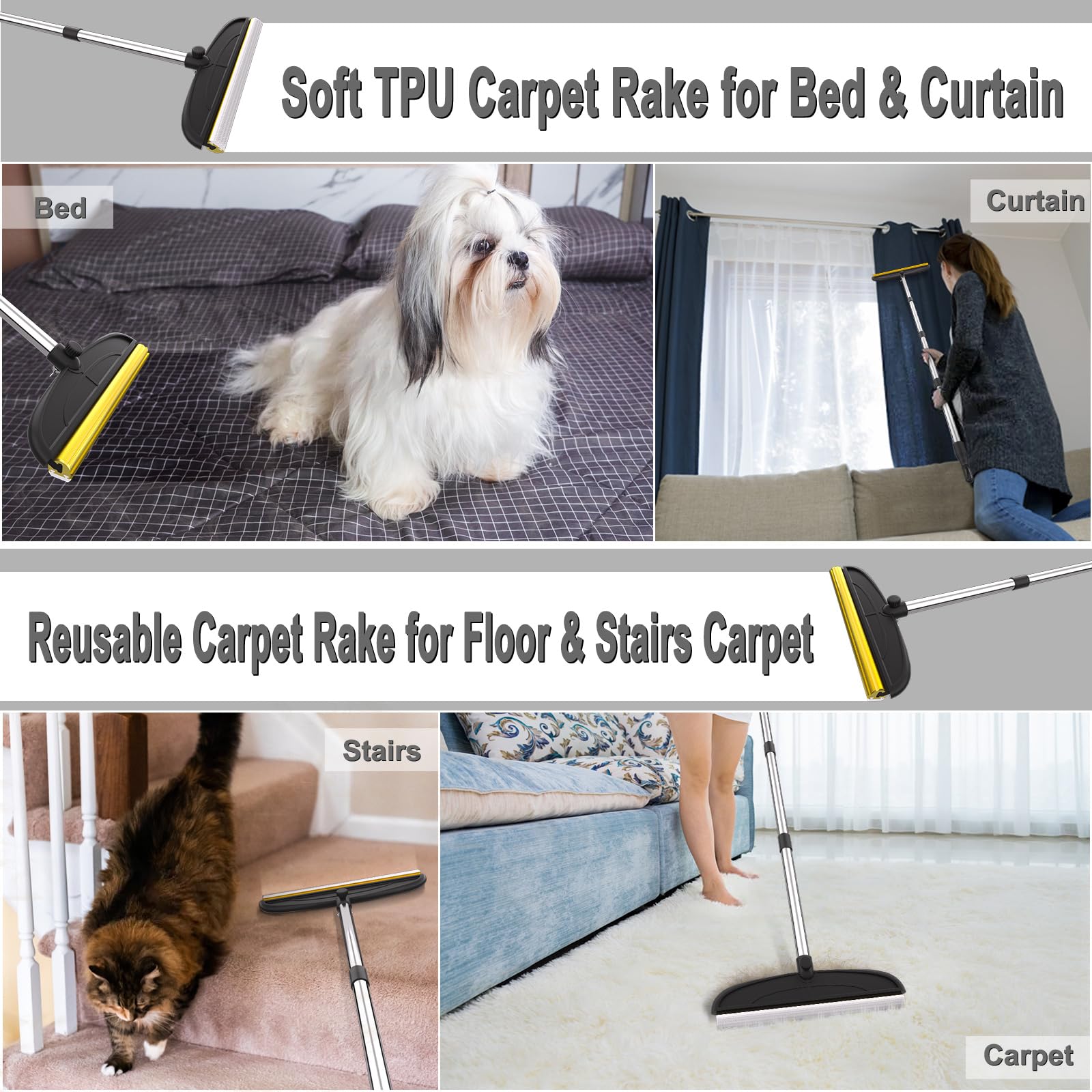 Carpet Rake For Dog Hair Remover: 2 In 1 Reusable Pet Hair Remover - 60 Adjustable Long Handle Carpet Hair Removal Tool For Dog