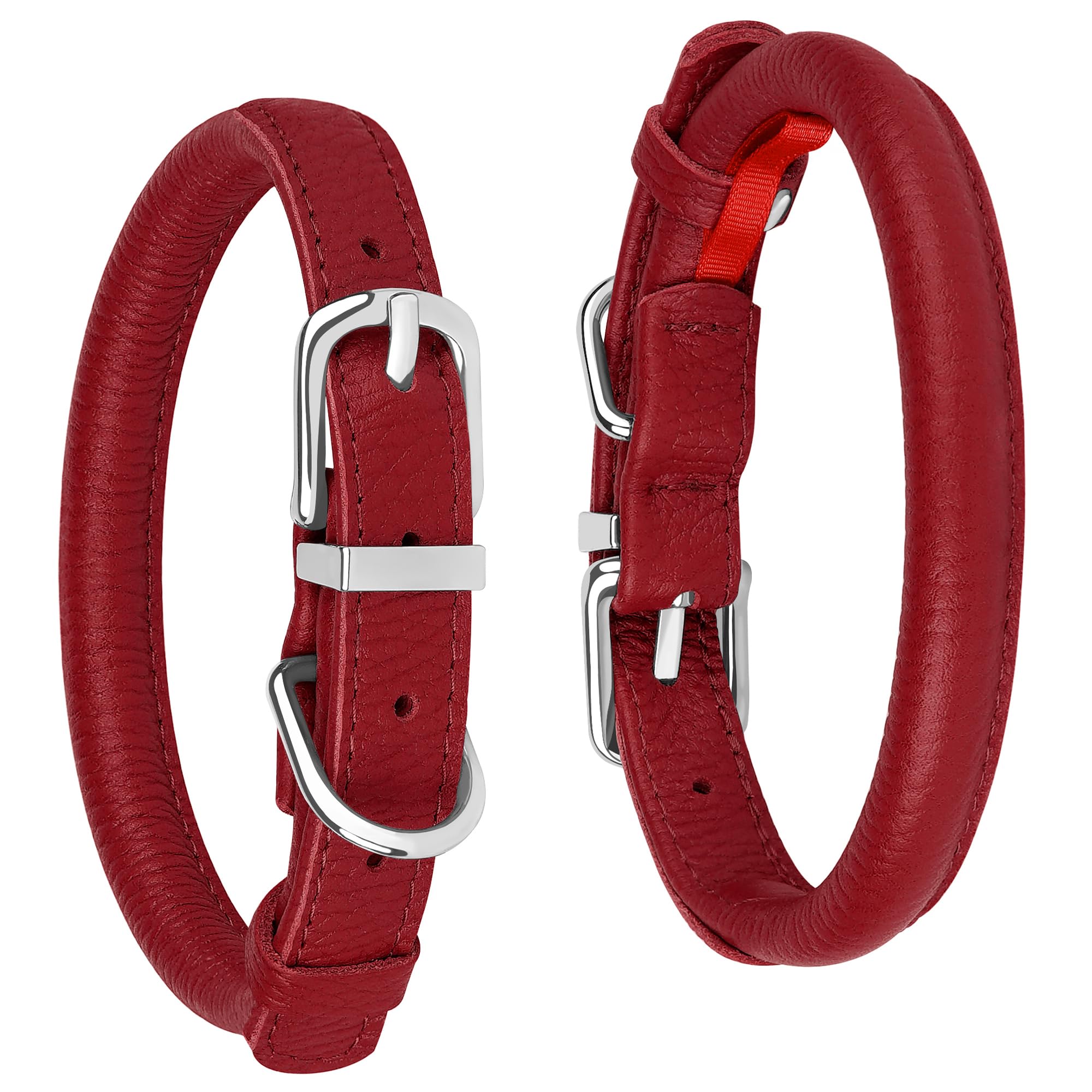 Oopsdoggy Rolled Leather Dog Collar Soft Roll Collars For Small Medium Large Dogs Puppy (Red, Xxl, 20-24)