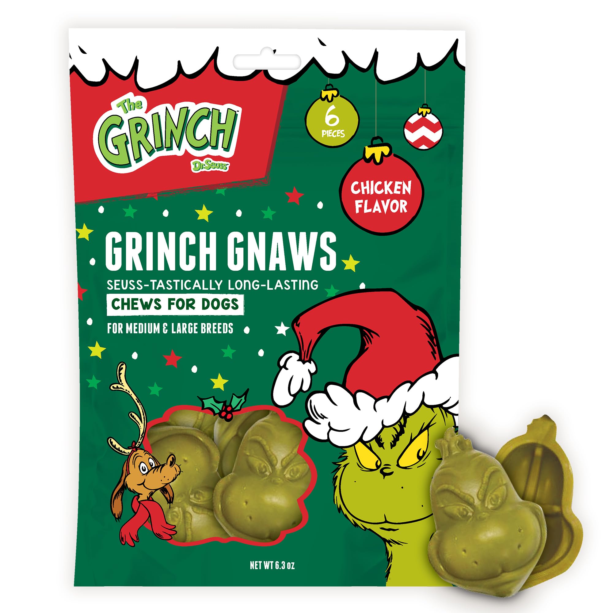 Dr. Seuss The Grinch Gnaws Chicken Dog Treats - Long Lasting Holiday Chews for Medium & Large Dogs, with Fillable Cavity for Spr
