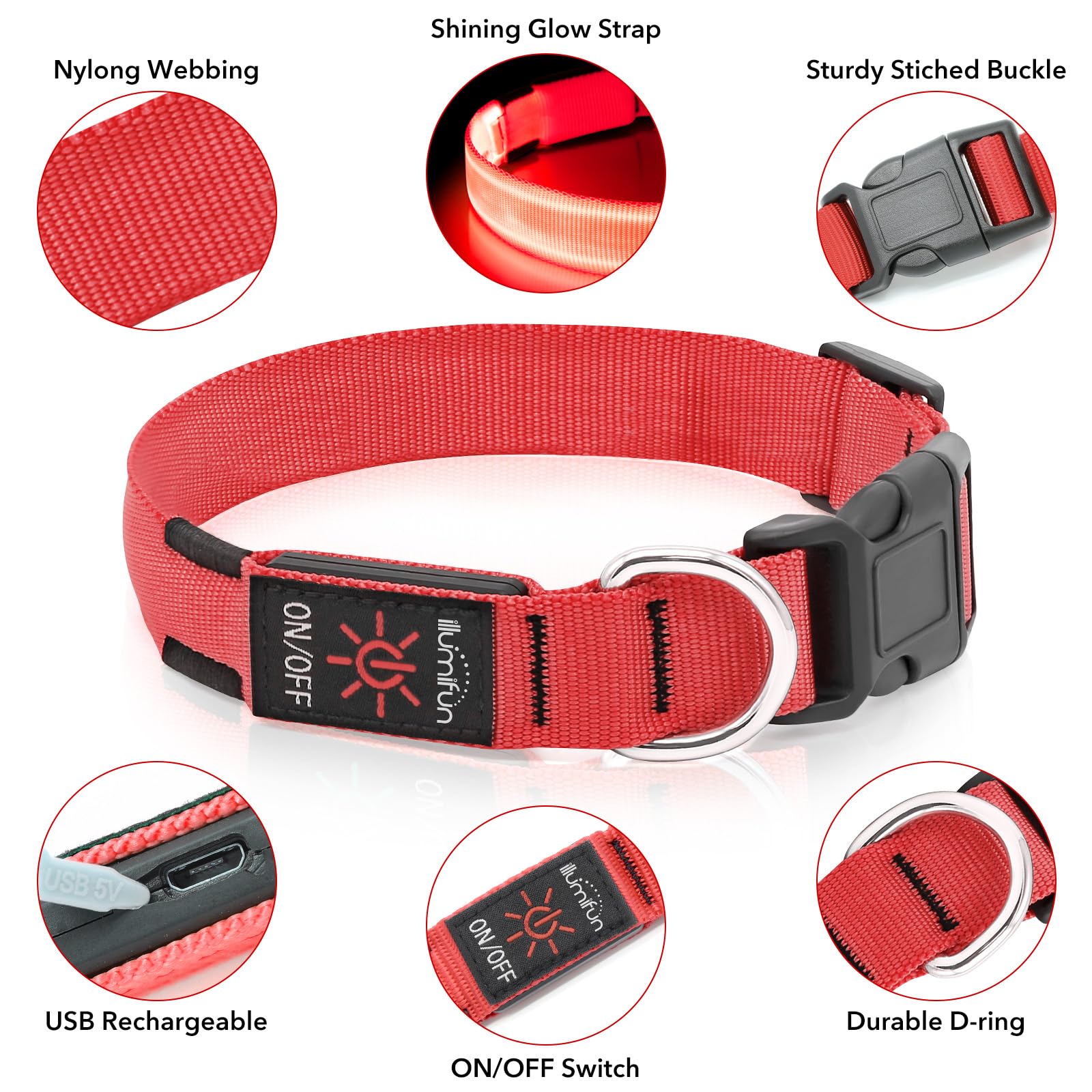 Illumifun Light Up Dog Collar - USB Rechargeable LED Dog Collar Glow in The Dark, Adjustable Pet Collar Light for Night Walking