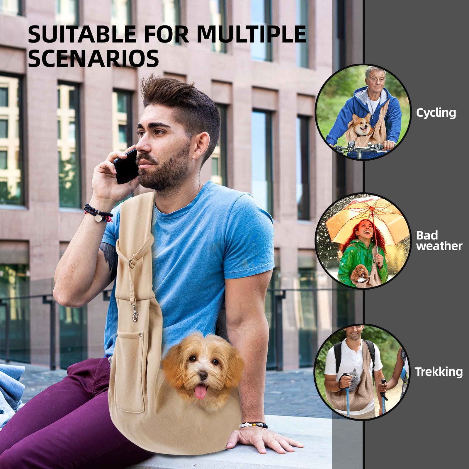 Dog Carrier Sling - Reversible Puppy Carrier Purse With Storage Pocket, Hand-Free Dog Sling Carrier For Carry Small Dogs And Cats, Travel Safety Harness, Dog And Cat Harness (Apricot)