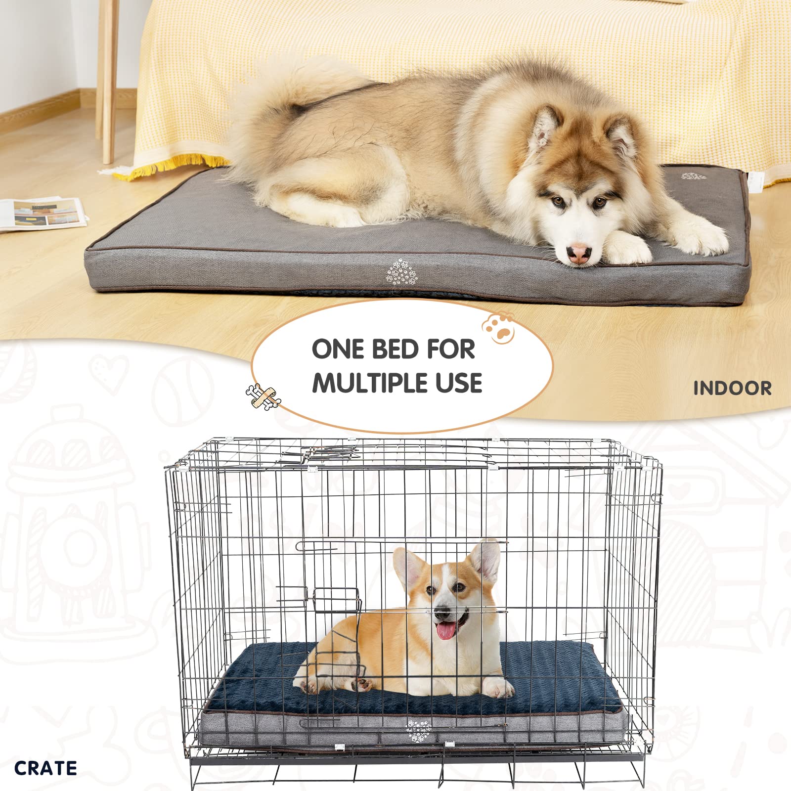 Vankean Dog Bed Soft Crate Pad Mat Reversible Warm& Cool, Washable Comfy Kennel Pad With Orthopedic Egg-Crate Foam For Small Medium Large Dogs, Water-Resistant Pet Bed, Grey