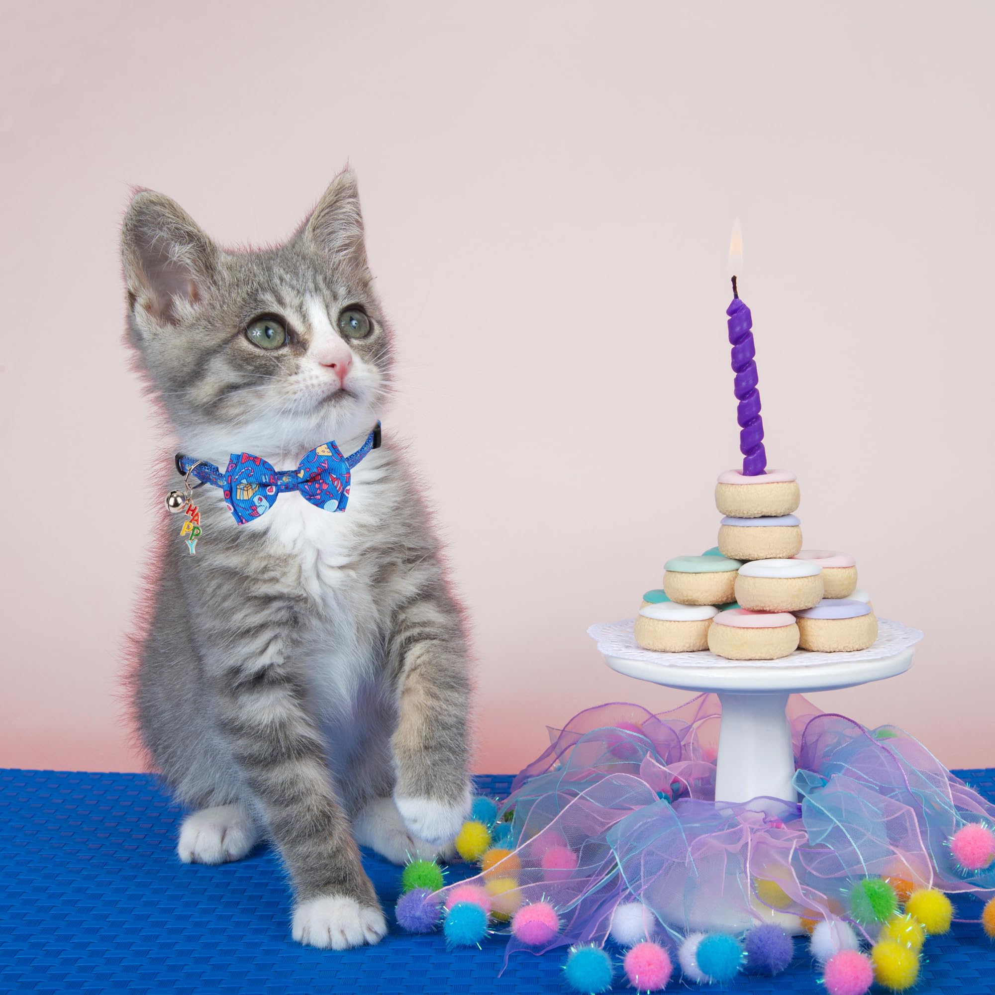 Adoggygo Birthday Cat Collars With Bow Bell, Breakaway White Blue Happy Birthday Bowtie Collars For Cats Kittens