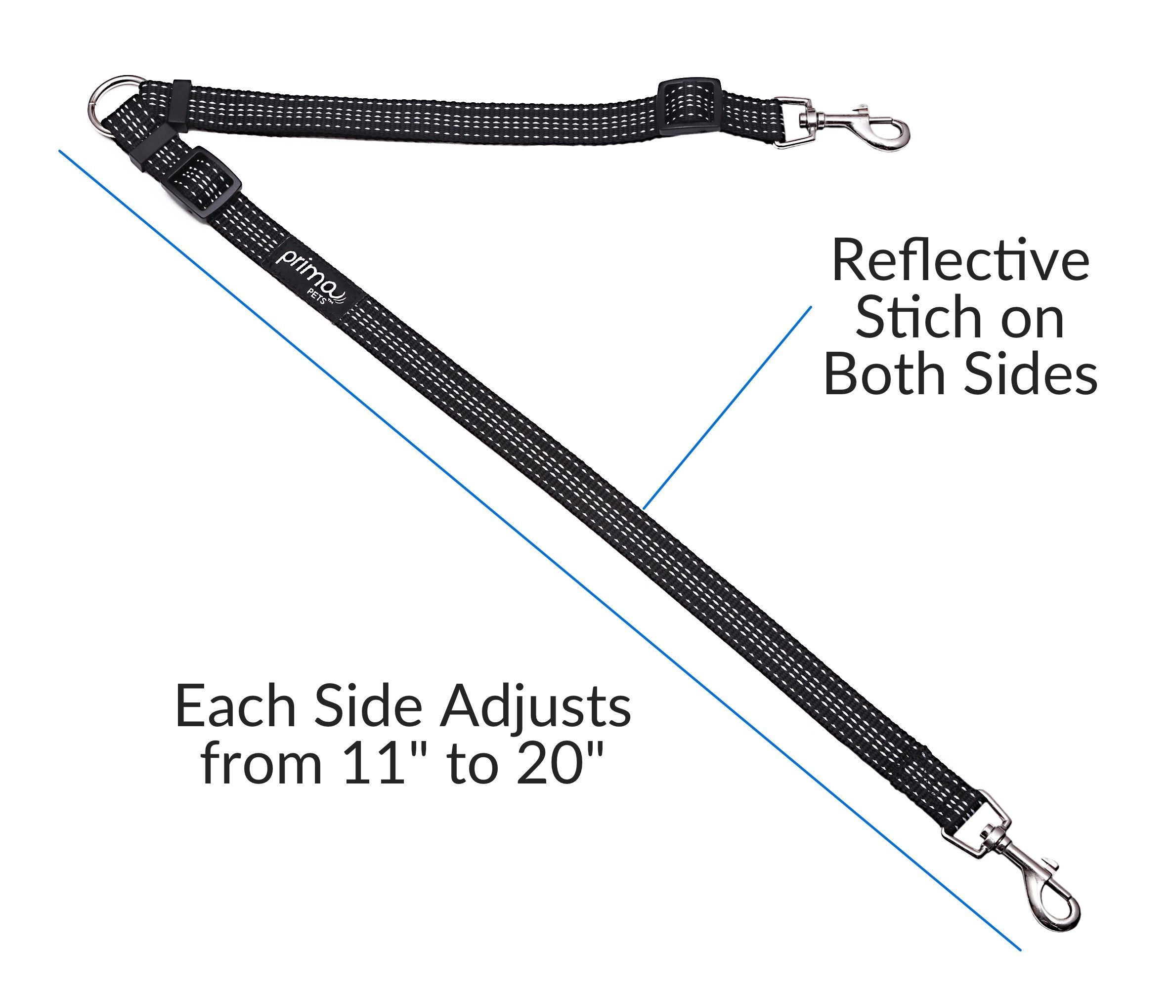 Prima Pets Reflective Adjustable Double Dog Coupler - Each Side Adjusts 11 to 20 in Length - Walk 2 Dogs with Ease (Medium - 3/4
