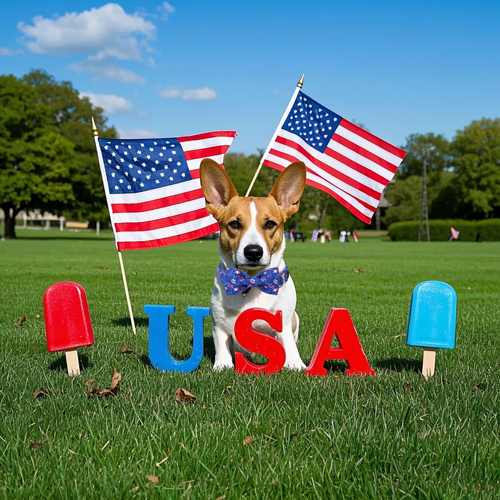 Lionet Paws 4Th Of July Dog Collar With Bowtie, Cute Summer Blue Dog Collar For Girl For Large Dogs, Adjustable Popsicle Pet Col