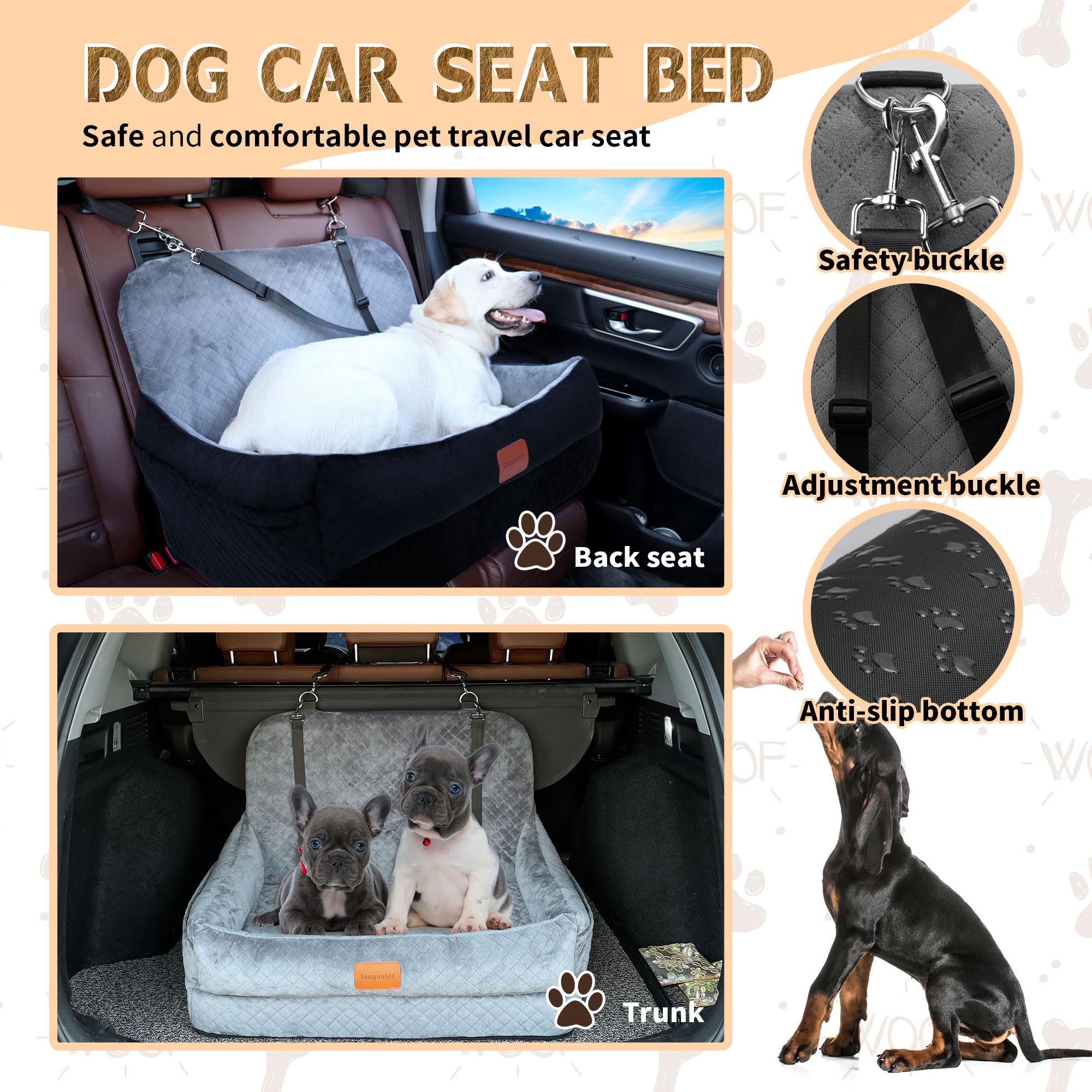 Dog Car Seat for Medium/Large Dogs Under 50 lbs,Contains 4 Inches of Memory Foam Pet Booster Seat with 2 Safety Leashes,Detachab