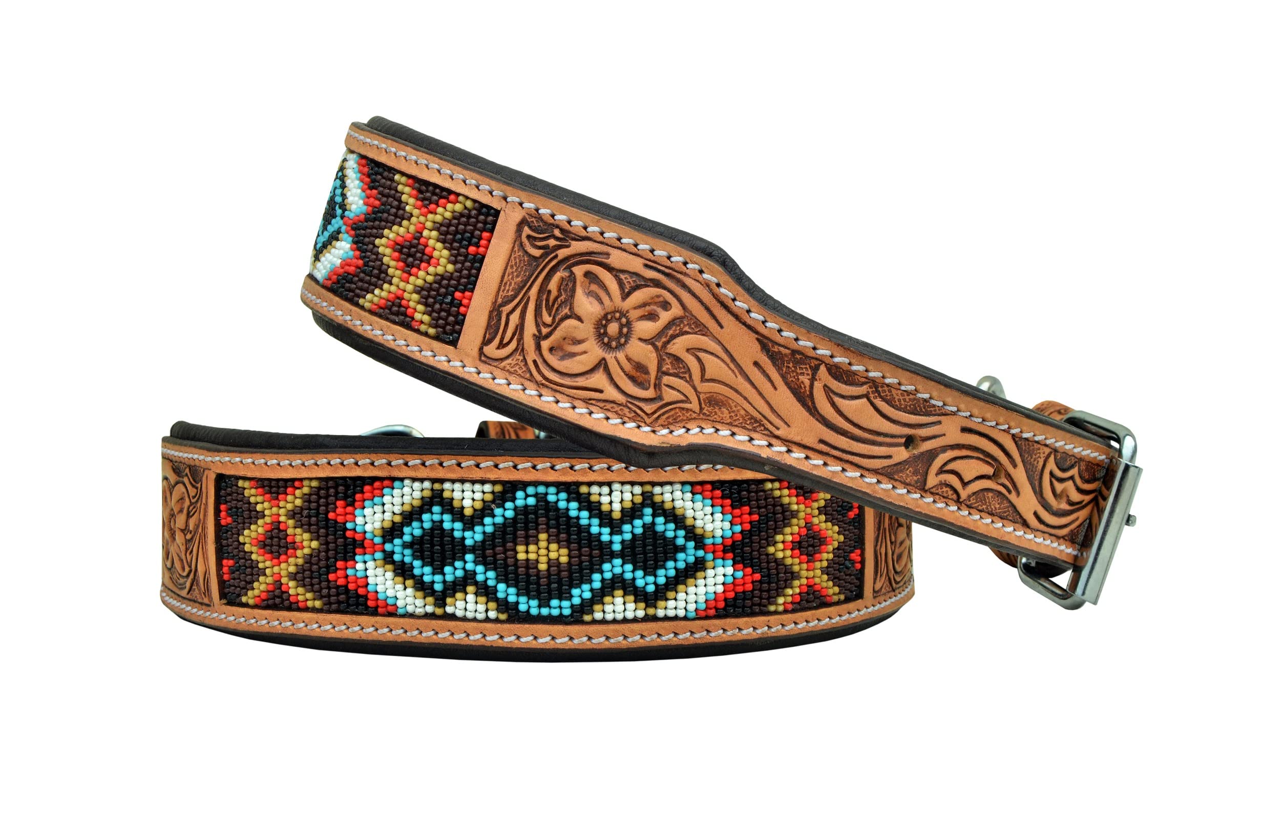 Leather Dog Collar Extra Small Size Western Style Heavy Duty Hand Tooled Adjustable Beaded And Padded Soft For Puppies And Big D