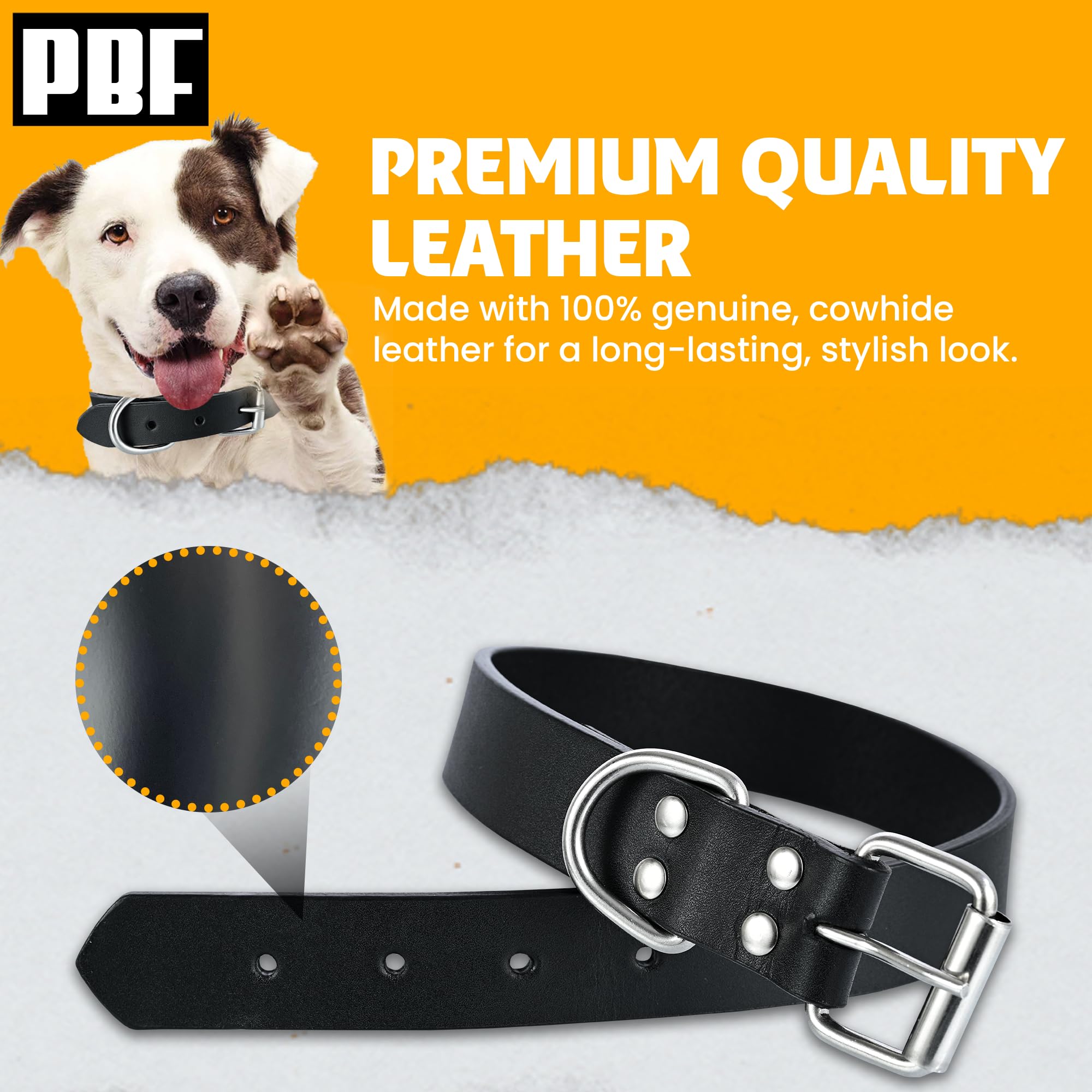 Pbf Genuine Leather Dog Collar - Heavy Duty, Thick And Durable Collar For Small, Medium, Large, And Extra Large Dogs (Black, Ext