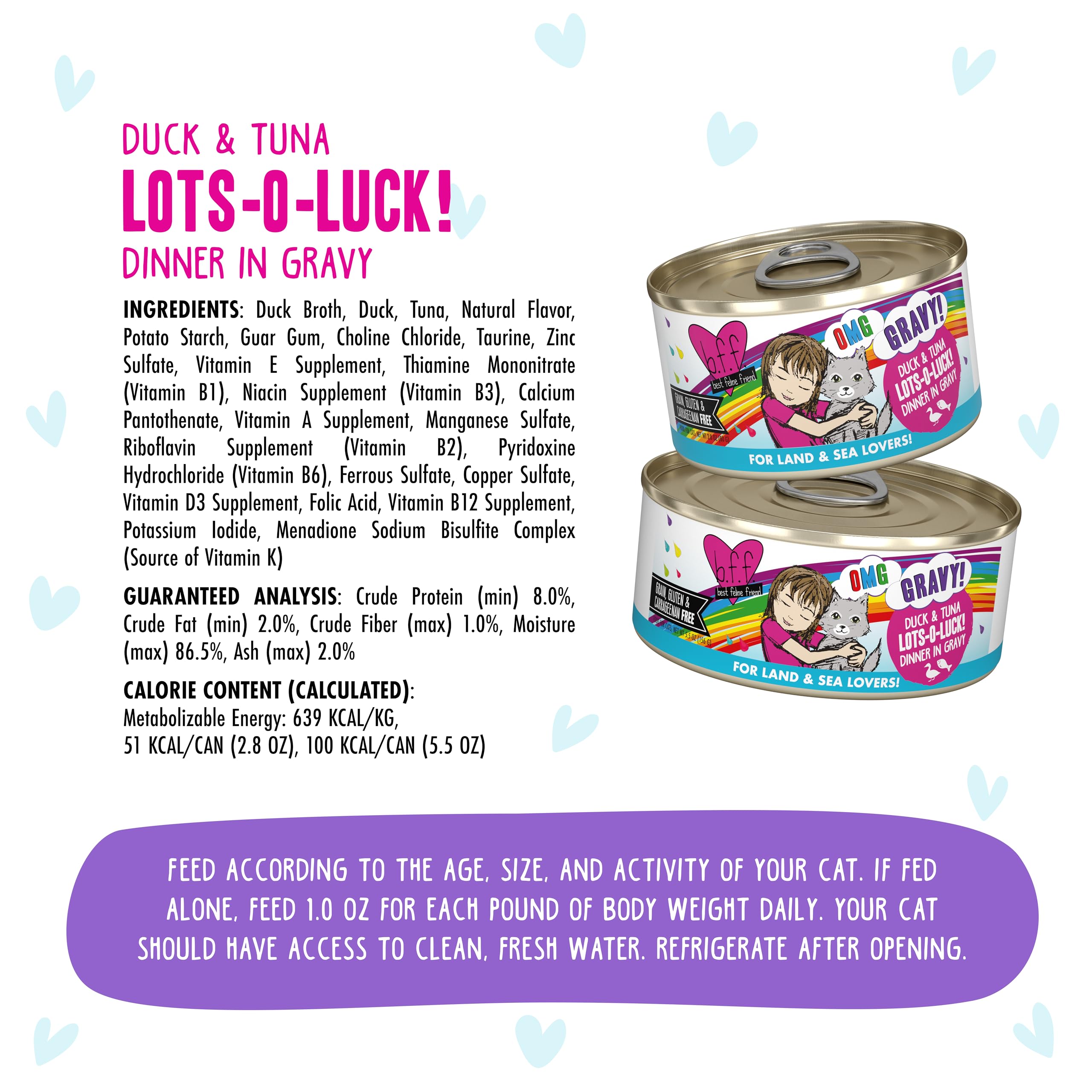 Weruva B.F.F. OMG - Best Feline Friend Oh My Gravy!, Lots-O-Luck! with Duck & Tuna in Gravy Cat Food, 5.5oz Can (Pack of 8)